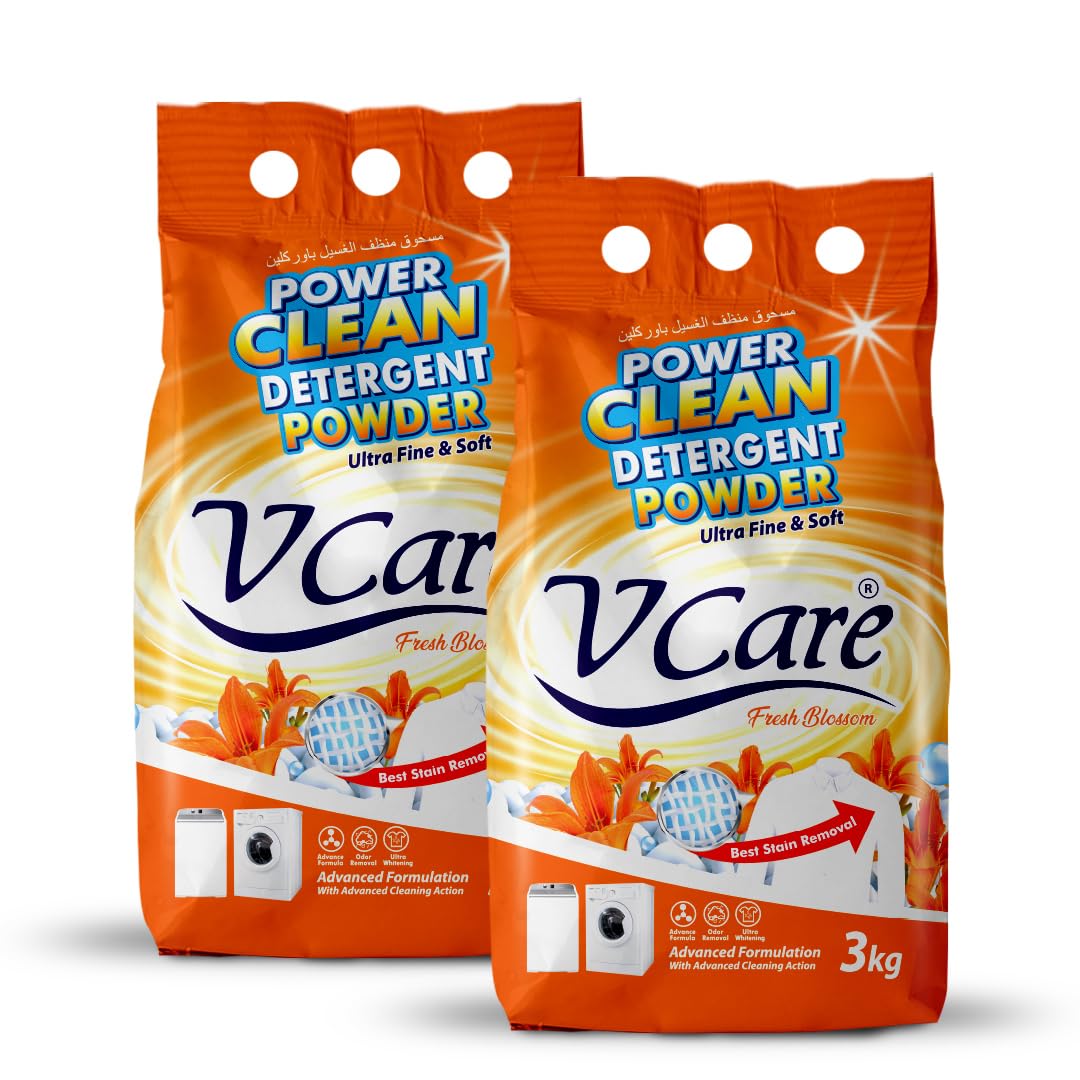VCare Power Clean Laundry Detergent Powder 3kg Pack of 2- Effortless Stain Removal - Removes Odour and Provides Advanced Cleaning Formula with Fresh Blossom Scent-6kg