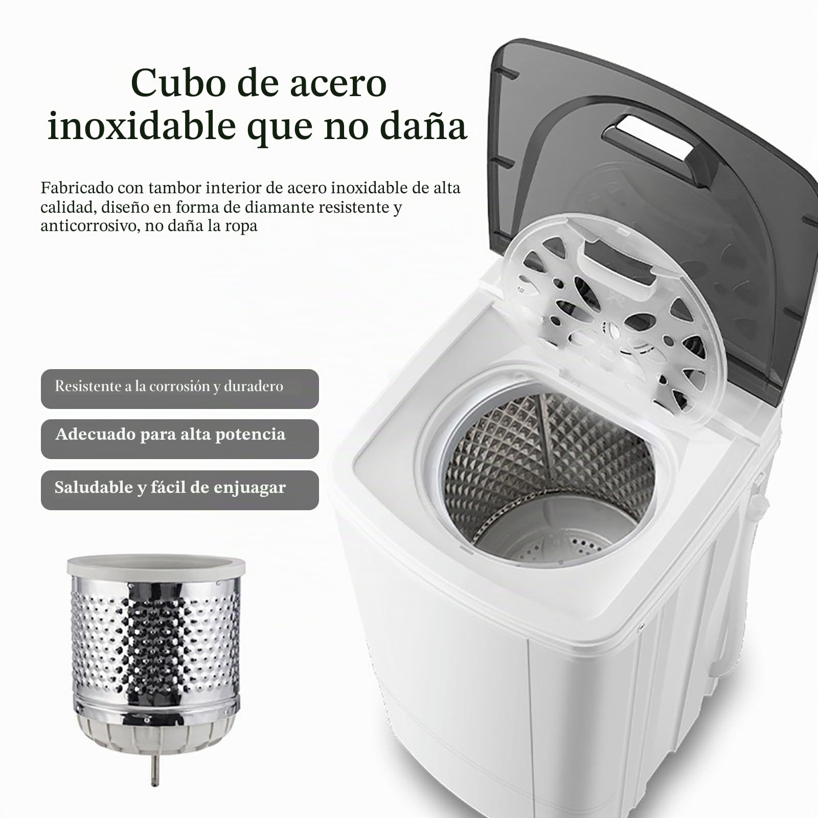 Secadora portátil con tambor de acero inoxidable, ciclo de 5 minutos de eficiencia energética, ideal para espacios compactos y uso al aire libre