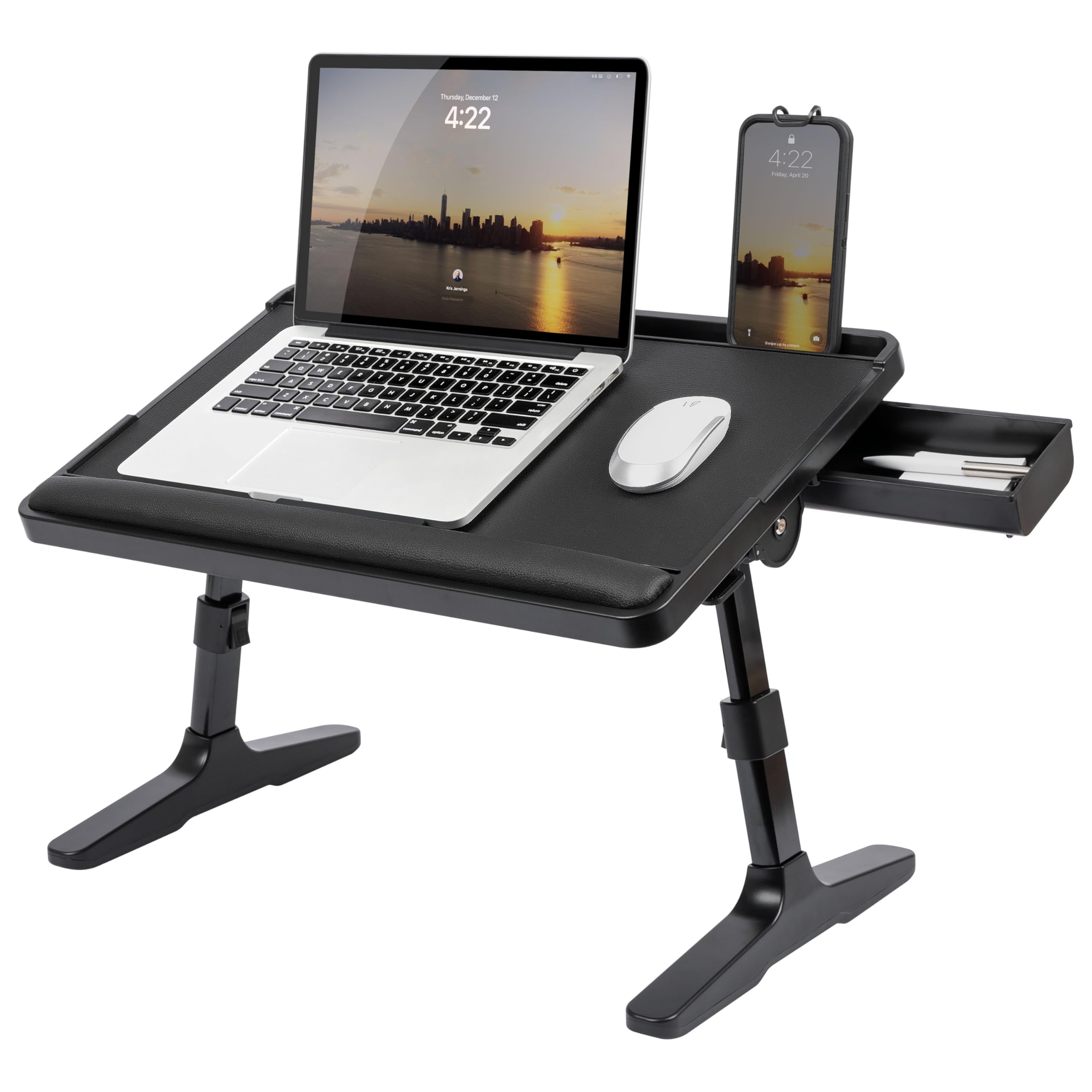 LAPGEAR Easy Tilt Leather Laptop Bed Desk with Adjustable Legs, Wrist Rest, Media Slot, and Built-in Storage - Black - Fits up to 17 Inch Laptops - Style No. 78508