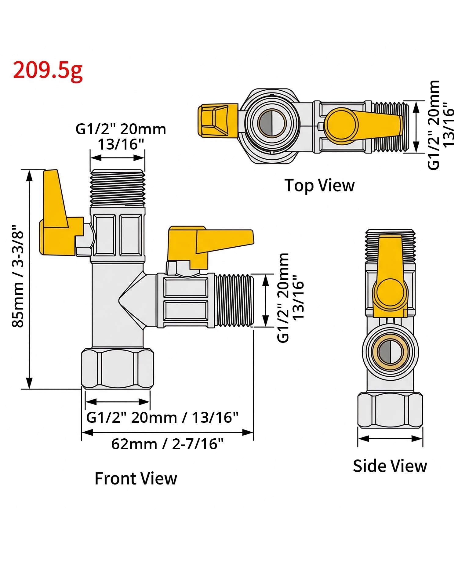 QWORK® 3 drogowy zawór przełączający, zawór adaptera G1/2" T, z zaworem odcinającym, mosiądz, odpowiedni do kuchni, łazienek
