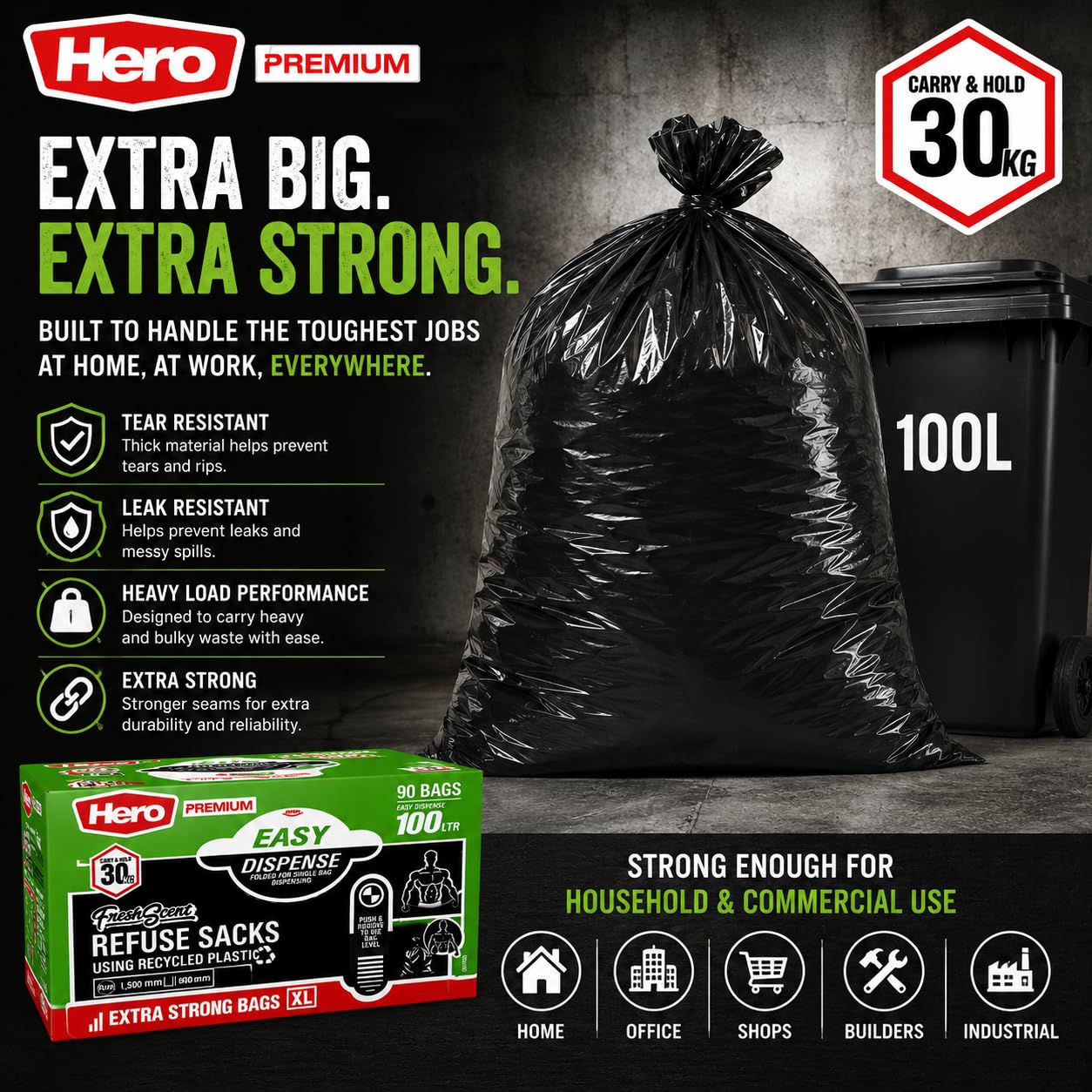 Hero Bolsas de basura perfumadas negras de 100 L, fáciles de dispensar, paquete plano de 90 unidades