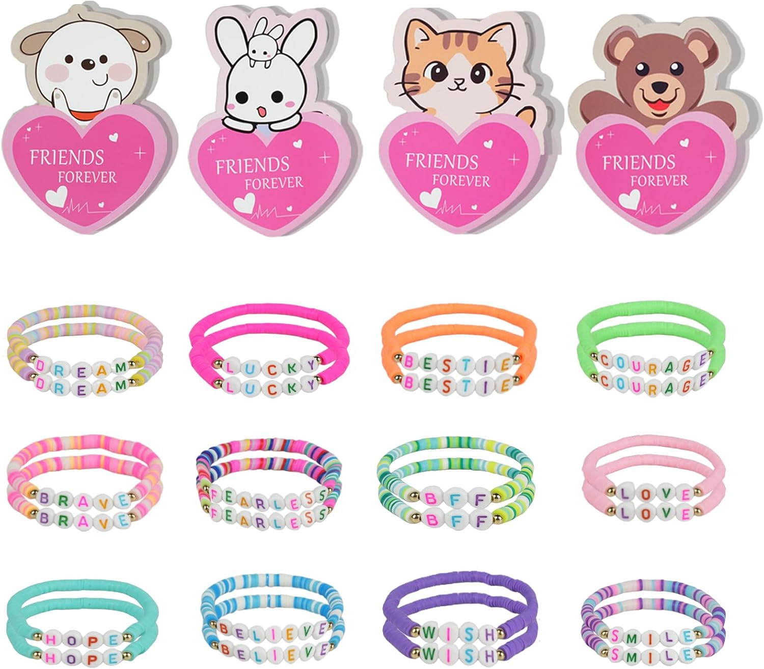 Valentines Day Cards for Kids Classroom,24 Pack Valentines Gift Cards with Friendship Bead Bracelets,Exchange Gift Valentine Party Favors for Kids Girls Boys