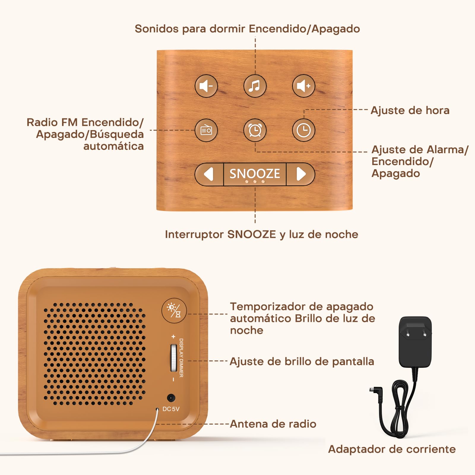 Reacher radio reloj despertador digital con FM, máquina de ruido blanco con 24 sonidos relajantes, 9 sonidos de alarma, brillo ajustable, luz nocturna de 7 colores, apagado automático y repetición