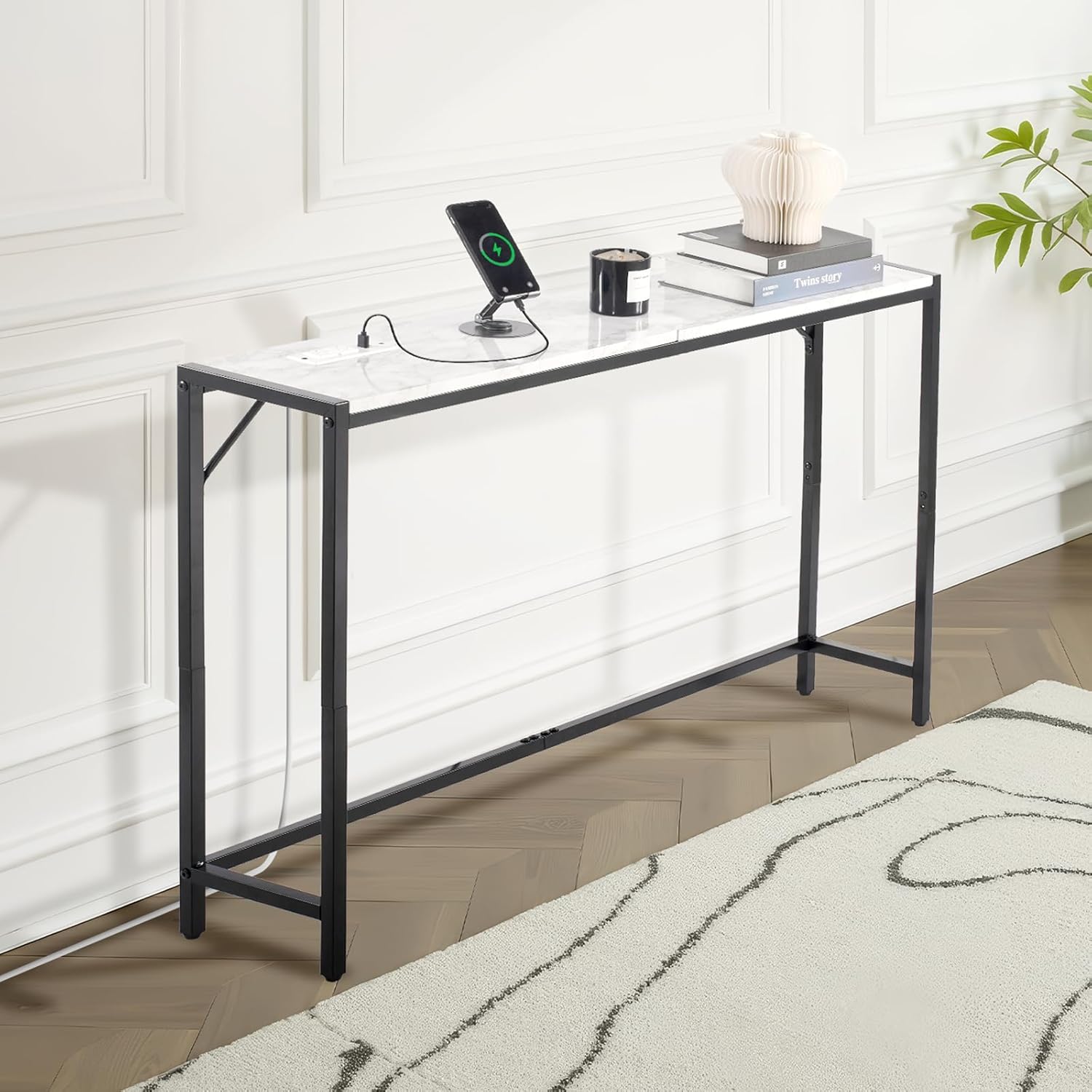 VEVOR Marble Console Table, Modern Narrow Long Console Table with Power Outlet, Thin Sofa Side Table with Iron Tubes, Anti-Tip Device and Triangular Support for Living Room, Hallway, Entryway, Foyer