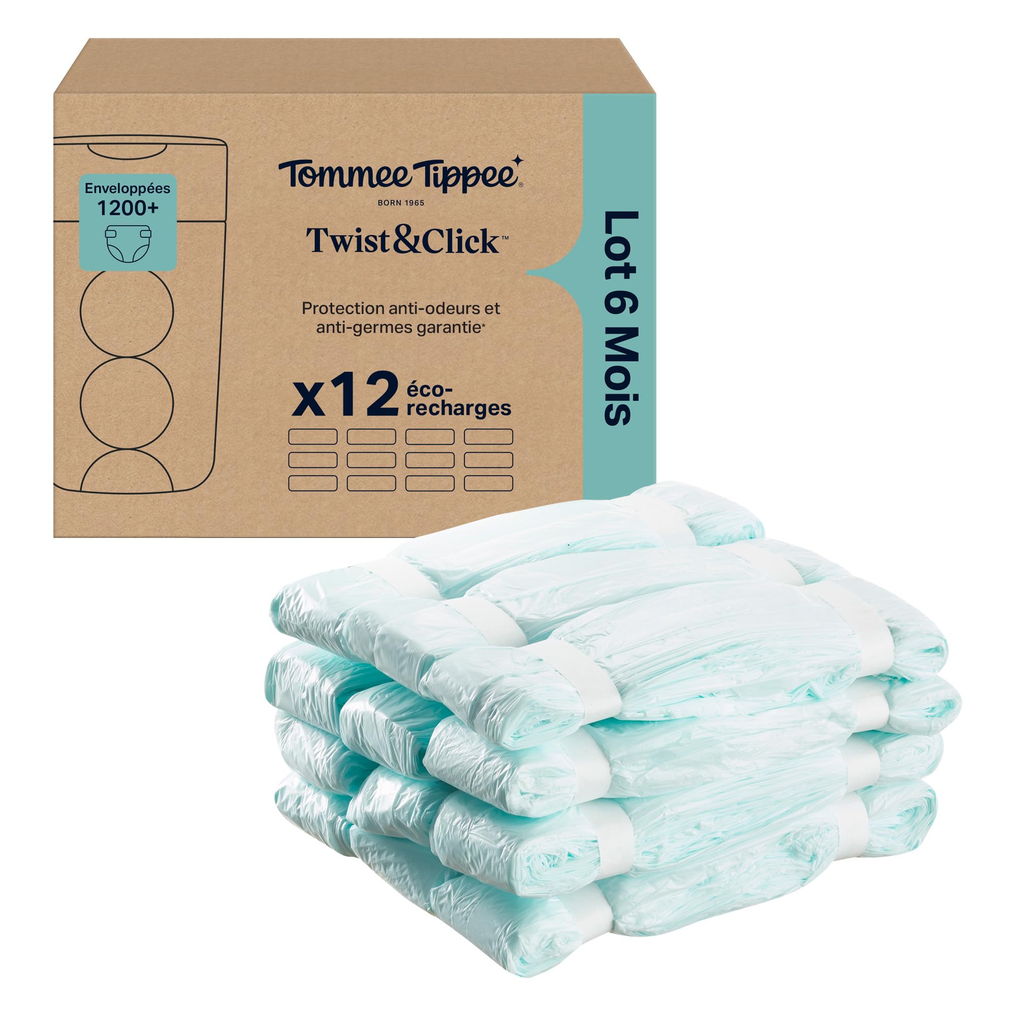 Tommee Tippee Film de Recharge Poubelle à couches Twist & Click, Lot de 12, 10,5m chacun, Antibactérien