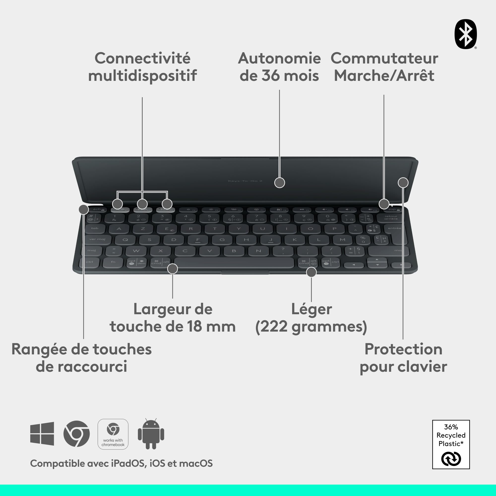 Logitech Keys-To-Go 2, clavier Bluetooth portable pour tablette avec coque intégrée, clavier sans fil compact ultra-mince pour Windows, Android, Linux, iPad, iPhone, Mac, Apple TV, AZERTY FR -Graphite
