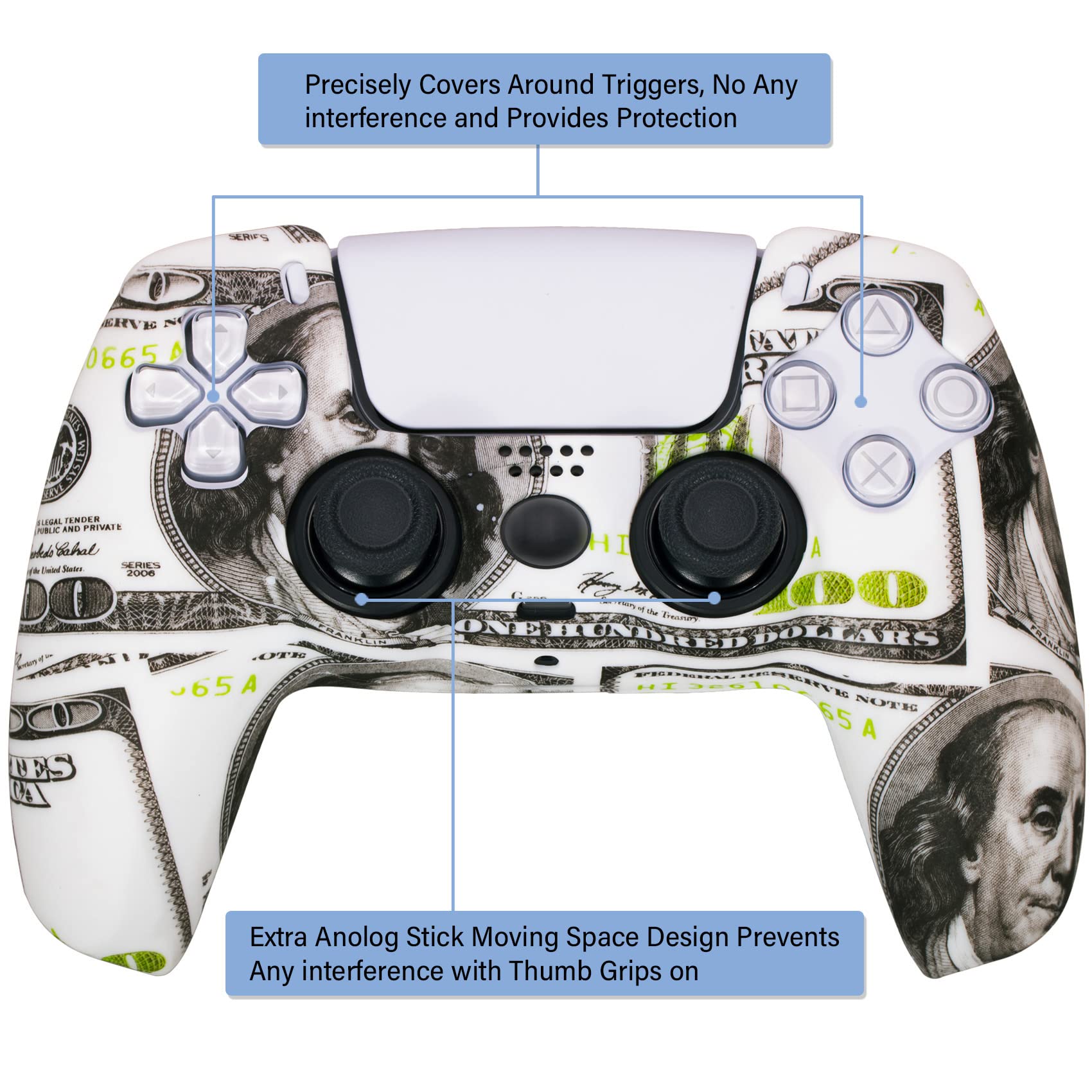YoRHa Silicona Espesar Impresión Funda Piel Carcasas Cubierta Compatible de PS5 Mando x 1 (Dólares estadounidenses) con Agarres para el Pulgar x 10