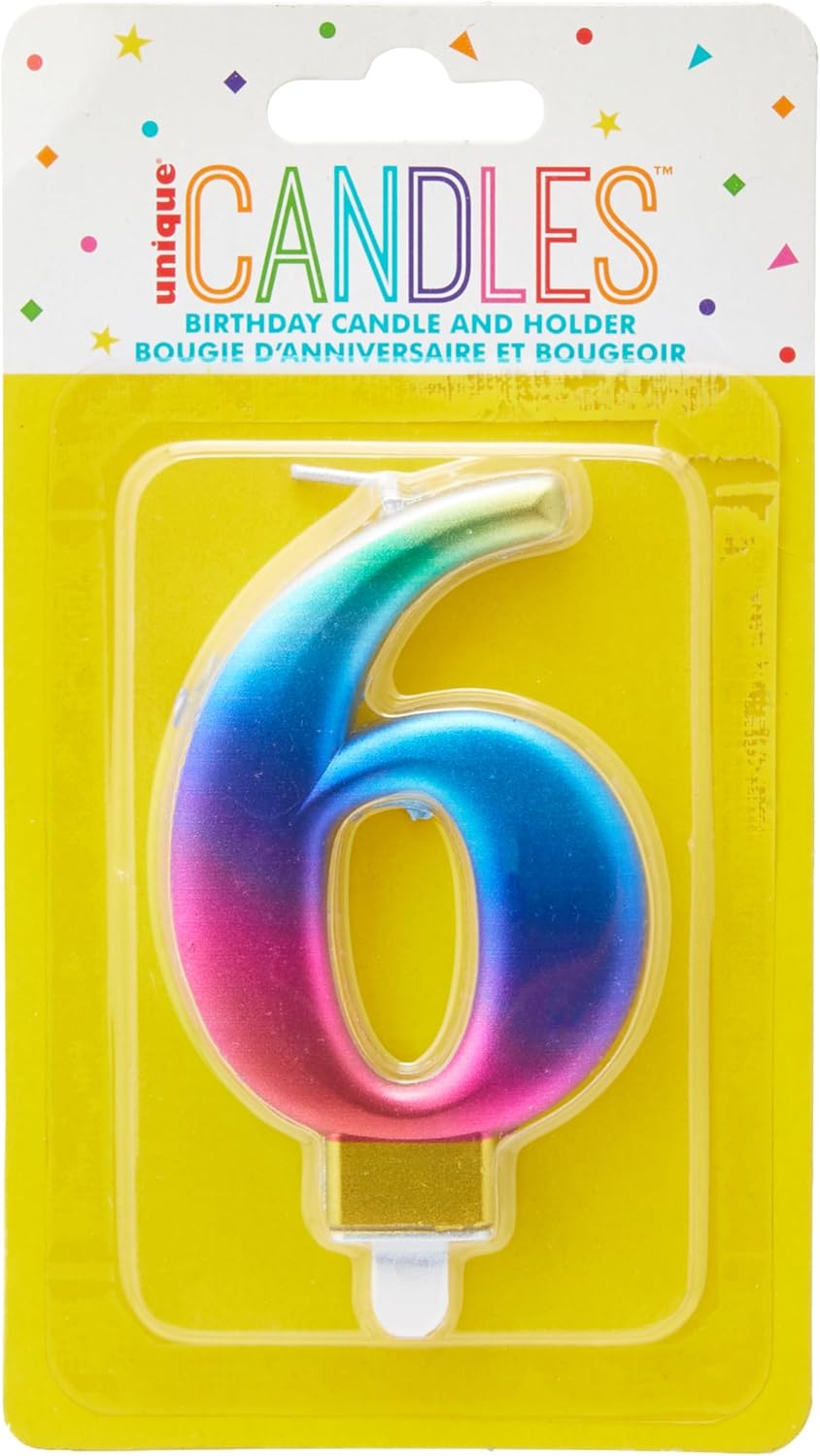 Unique Party 19636 Metallic Rainbow Number 6 Birthday Candle
