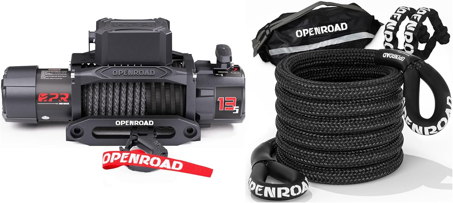 OPENROAD 13500 lb Recovery Winch with 1"×30ft Kinetic Recovery Rope(Black)