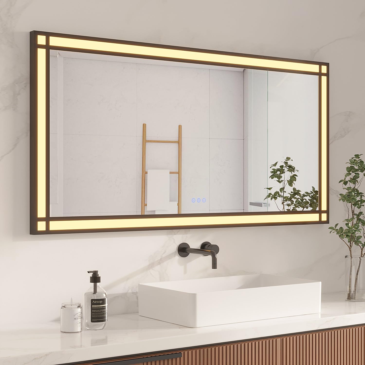 AQUABATOS grande specchio da bagno a LED con illuminazione 140x70 cm effetto finestra specchio luminoso cornice in alluminio nero dimmerabile antiappannamento