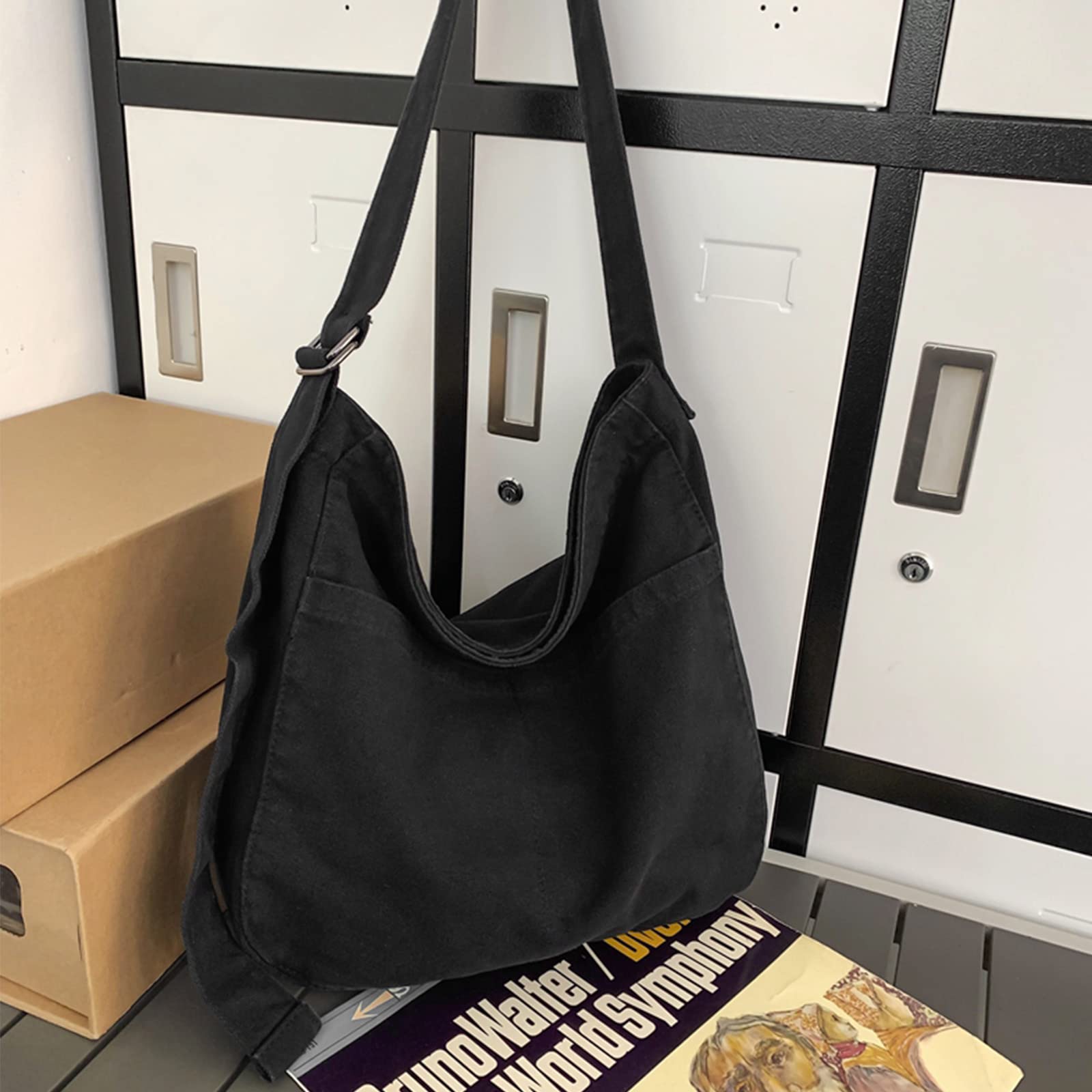 X SIM FITNESSX unisexe string Bag Oxford sac à bandoulière simple pour femme Shopping Bag quotidien/bureau/école/voyage sac en tissu de mode (Noir)
