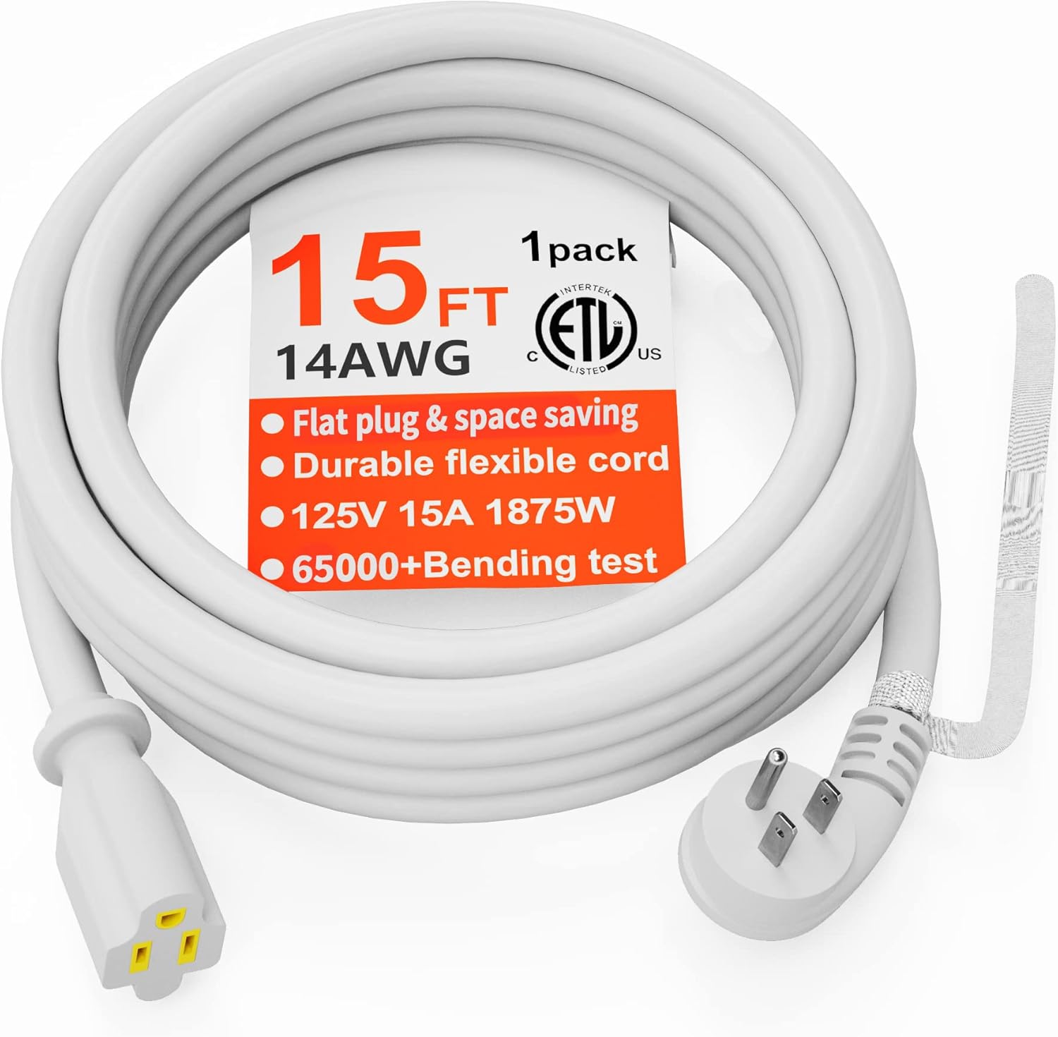 HUANCHAIN 14 Gauge 15 FT Flat Plug Extension Cord White Indoor Outdoor