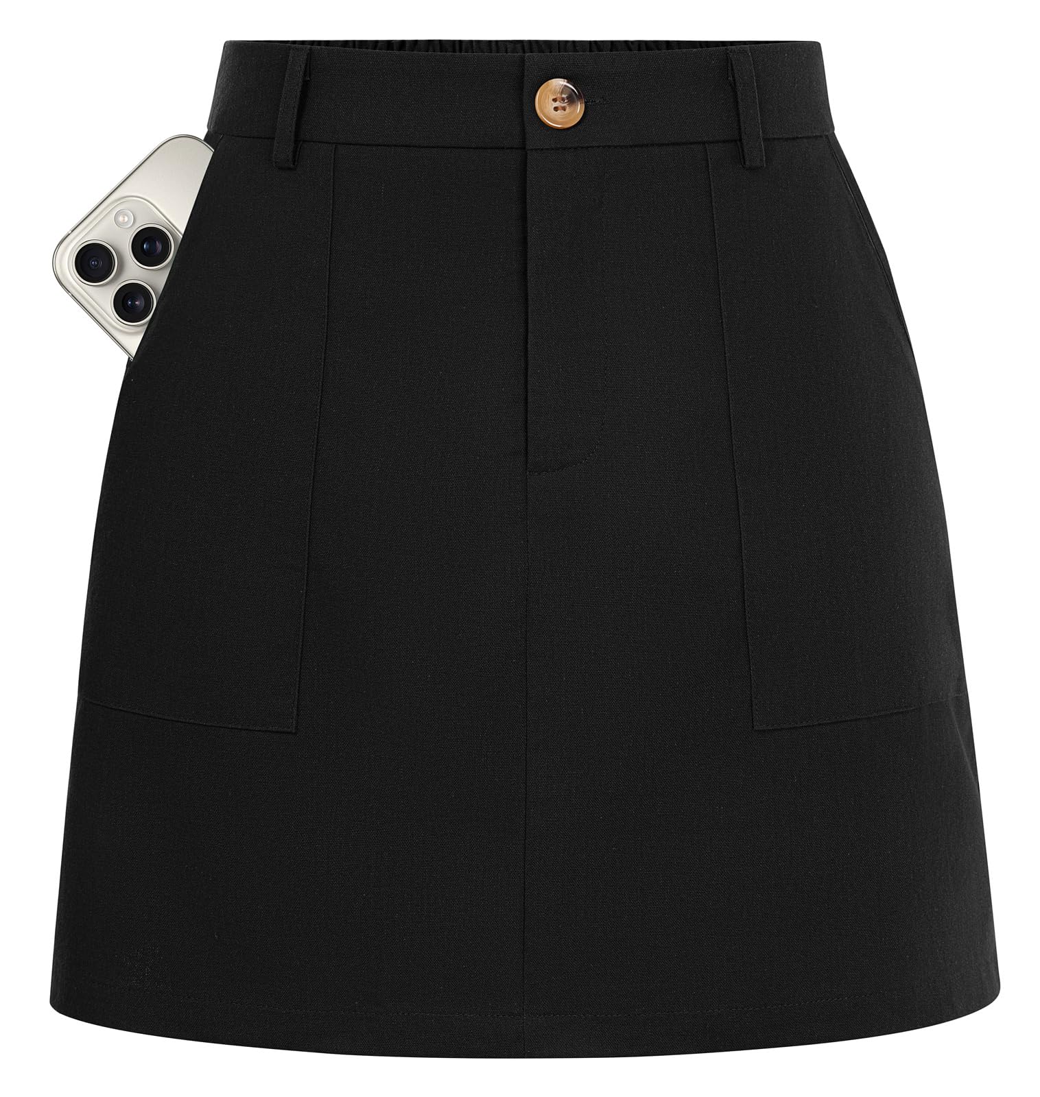 Kate Kasin Minigonna Estiva da Donna in Lino, con Elastico in Vita, Gonna Corta Casual con Tasca, Nero, M