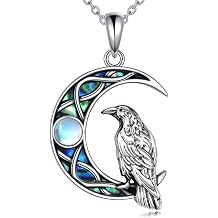 Raven/Wolf Necklace 925 Sterling Silver Moonstone Abalone Shell Moon Crow Necklace Raven Jewelry Gift for Women