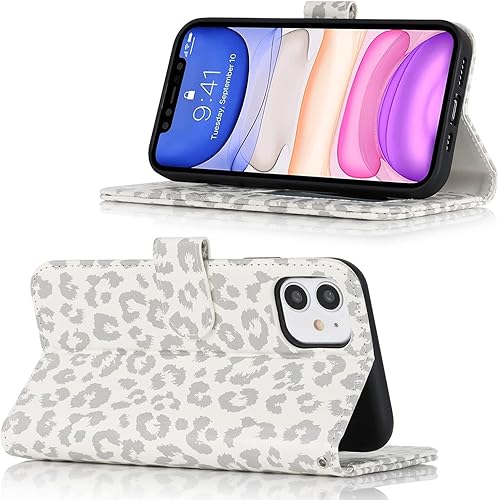 Miniatura 5 de iCoverCase Funda de piel sintética compatible con iPhone 11 con tarjetero y correa para la muñeca, funda protectora magnética con función atril