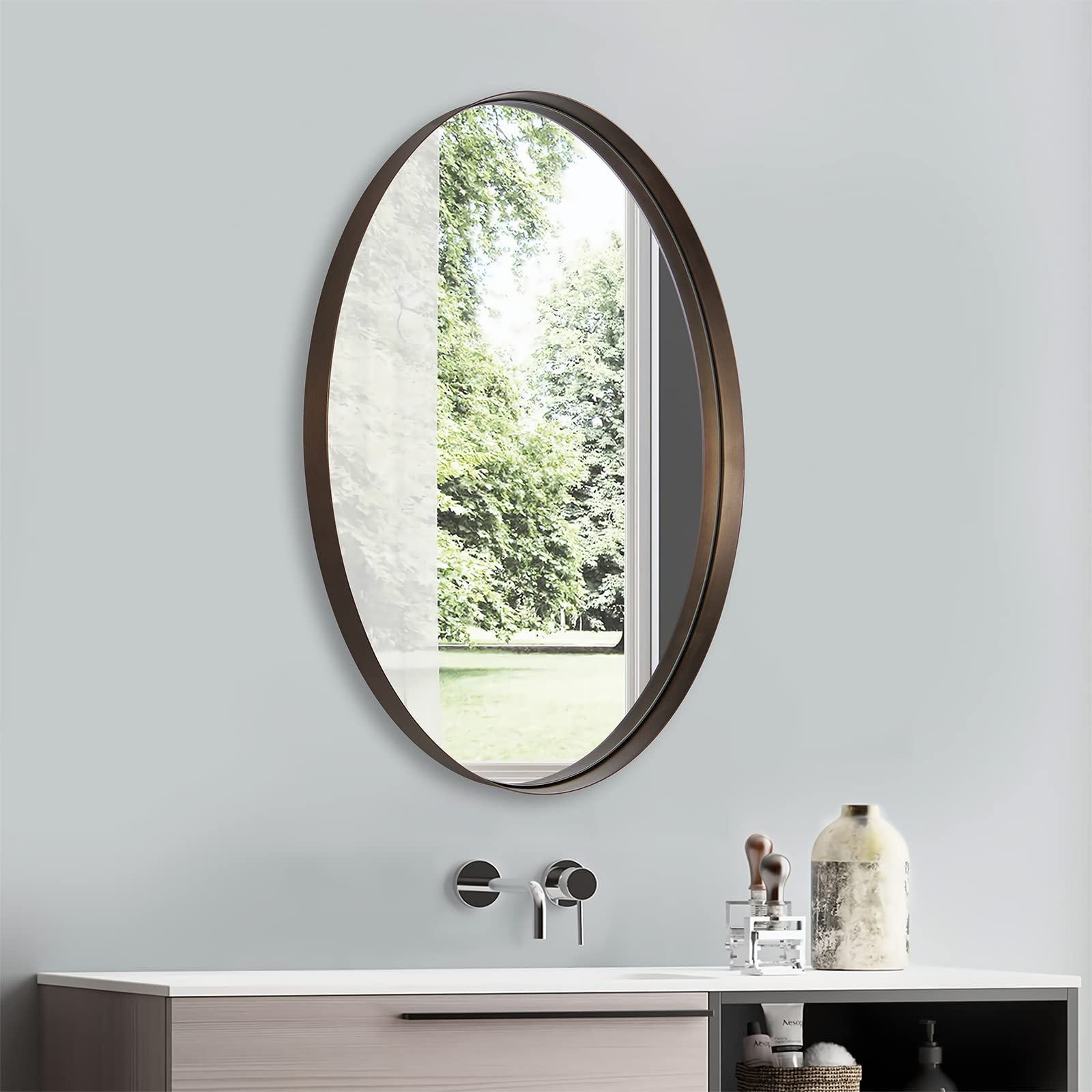 ANDY STAR Oval Wall Mirror Bronze Bathroom Mirror 20x28” with Stainless ...