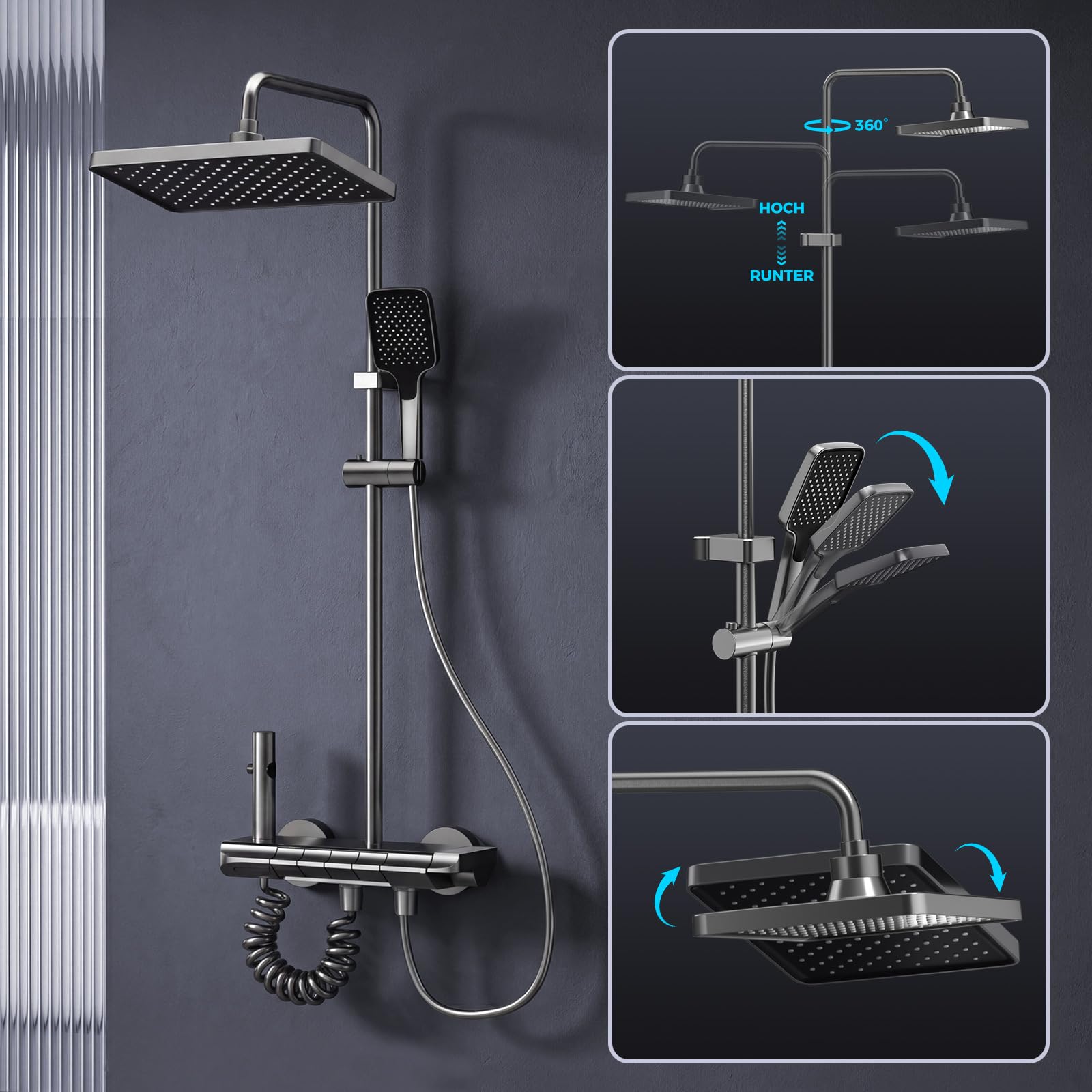 Duscharmatur Komplettset Klavierknöpfe 4 Arten von Wasserauslässen | Höhenverstellbare Duschstange 85-145cm Eckiger Kopfbrause Duschsystem Badezimmer Duschgarnitur Regendusche mit Armatur