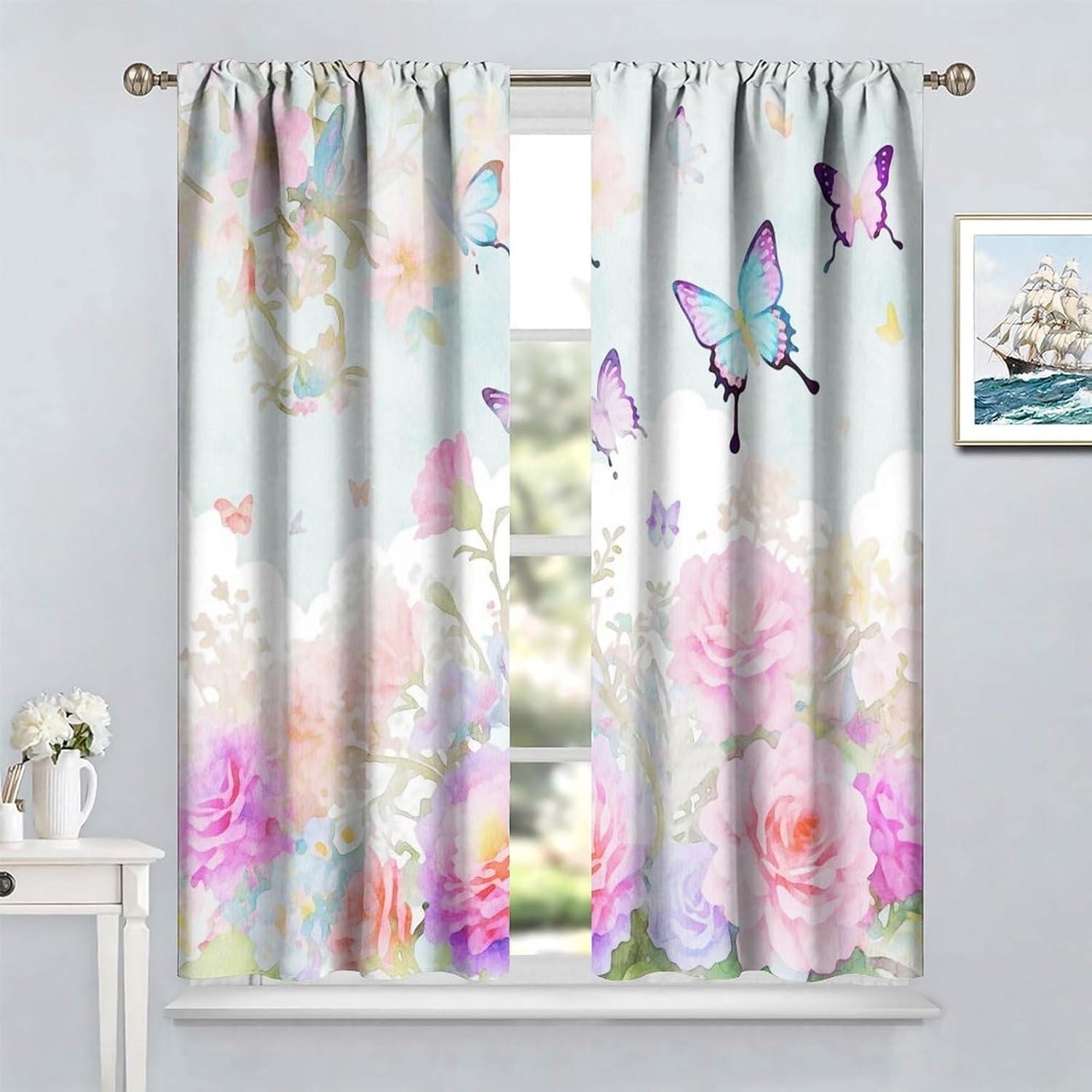 Lärmschutzvorhang Ösen Kinderzimmer Junge Verdunkelungsvorhang Blickdichter Gardinen 3D Hd Druck Blumentier Schmetterling Muster 2Er Set 183X214 cm (B + H) Vorhänge Schlafzimmer Fensterdeko-80601944