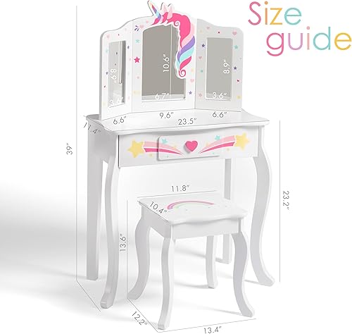 Miniatura 9 de Spirich Vanidad para niños, juego de tocador para niñas con espejo, taburete y luces, juego de mesa y silla de tocador para niños, mesa de tocador