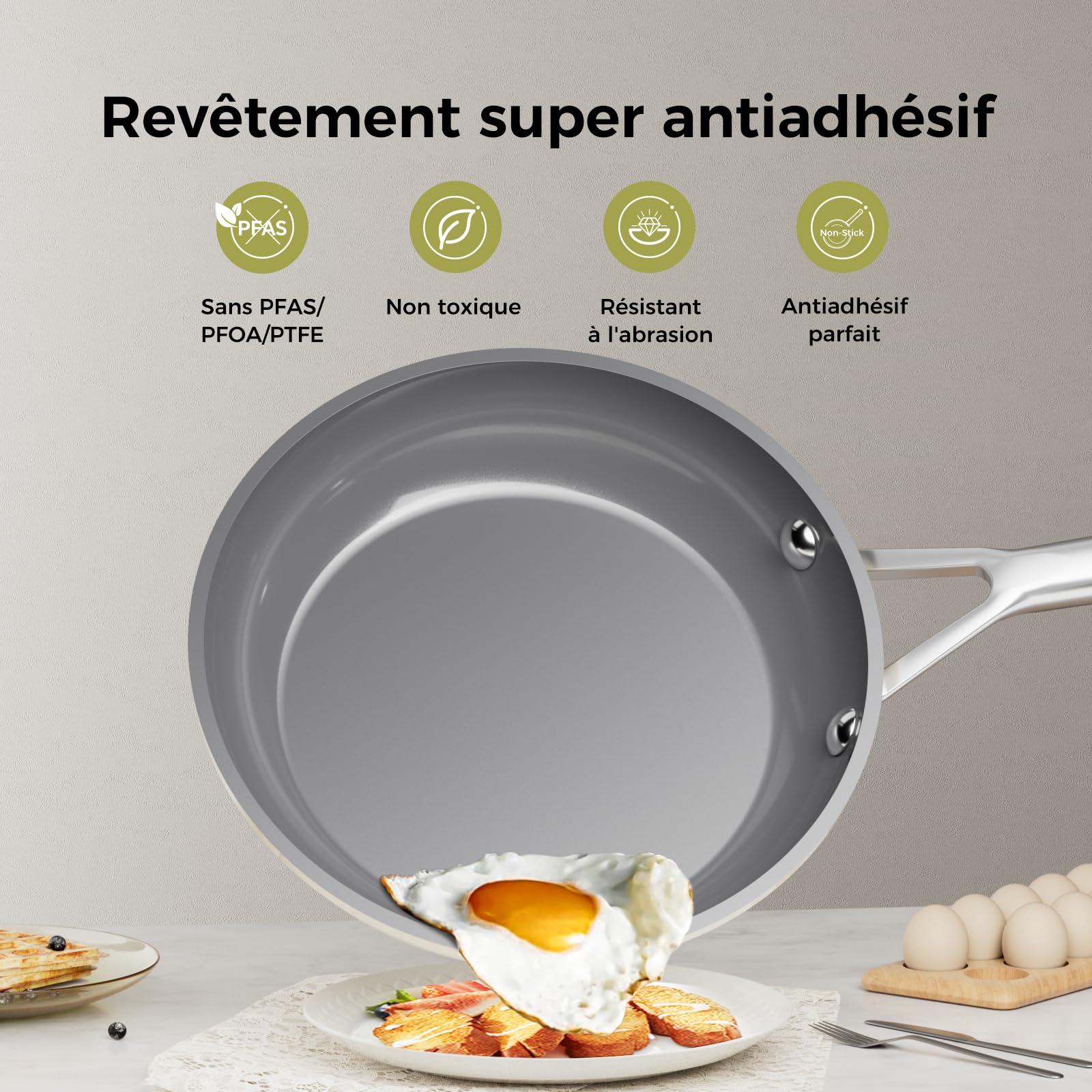Set de 3 Poêles en Céramique Diamant Titane (20+24+28 cm) - Revêtement Antiadhésif Sans PTFE/PFOA/PFAS - Poignée Restant Froide - Compatible Induction & Four - Lave-Vaisselle -Blanc Laiteux