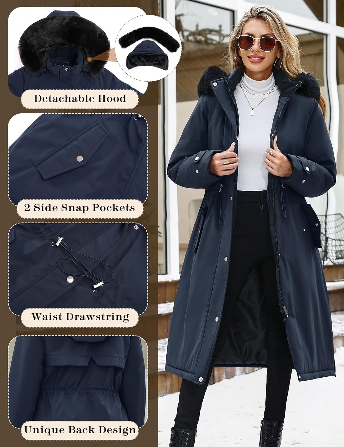 Long Winter Puffer Coat for Women Warm Winter Faux Fur Jacket with Detachable Hood Maxi Length Zipper Outerwear - Image 3