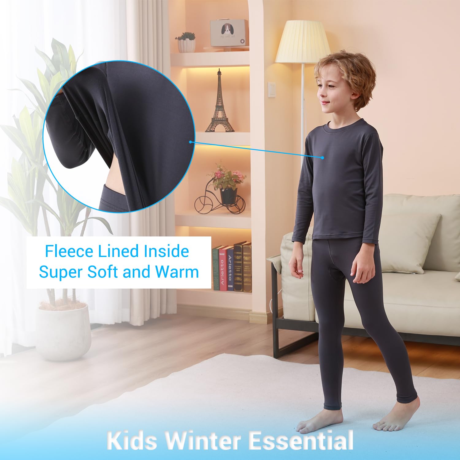 PISIQI Conjunto de ropa interior térmica para niños con forro polar para niños, ultra suave, capa base superior, inferior, conjunto cálido para esquí
