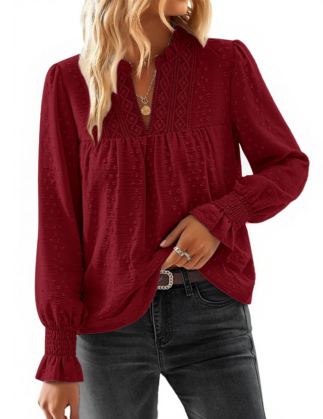 HEEKPEK Chemisier Femme Chic et Élégante Boheme Blouse Manche Longue Col en V Haut Femme Dentelle Printemps Été Automne Chemise Léger Tunique Top Décontractées Poignets à Volants