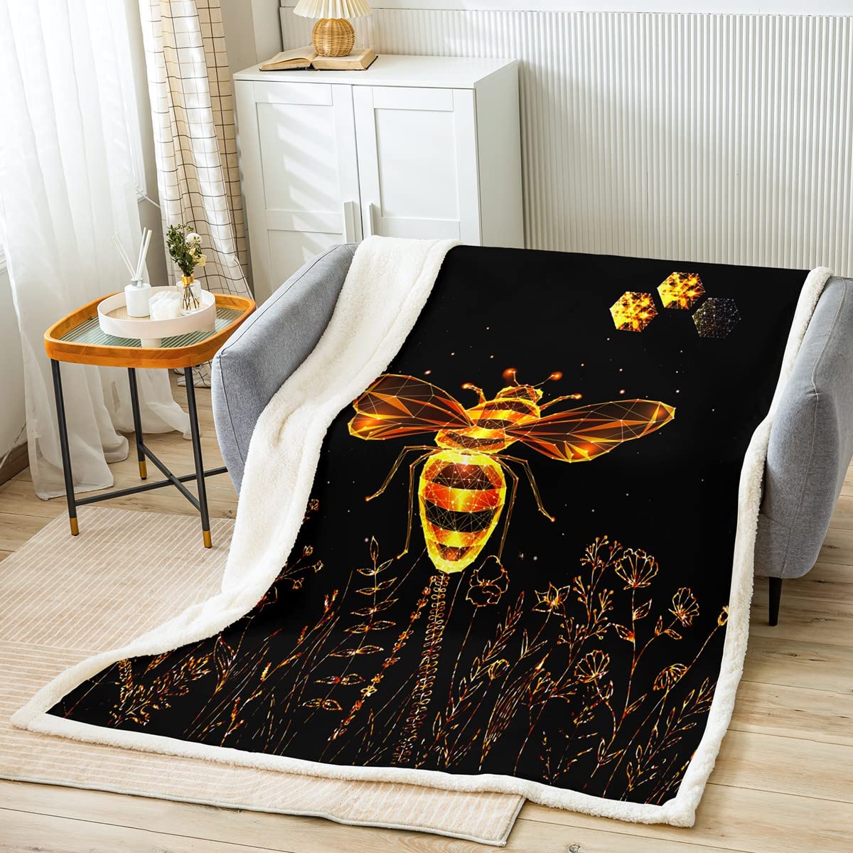 Manta de forro polar con patrón de abeja, manta de felpa de animales en 3D, para cama, sofá, niños, manta de sherpa con estampado de abeja dorada, transpirable, floral, cálida, mullida, tamaño Queen,