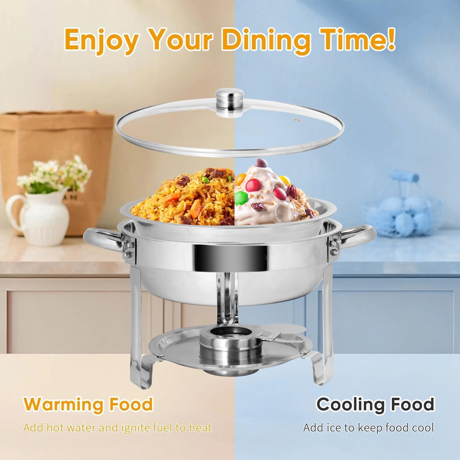 Set di scaldavivande da 5,5 l, 4 pezzi rotondi per catering, con coperchio in vetro, scaldavivande in acciaio inox, per acqua e cibo