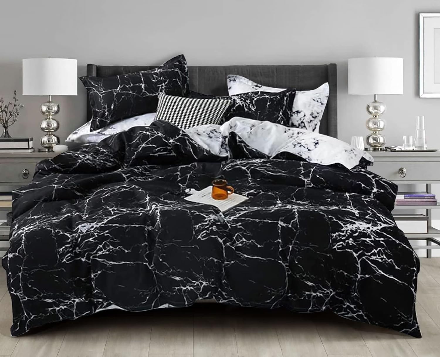 RENKTE Black Marble Duvet Cover Queen Size Bedding Sets Black and White Marble