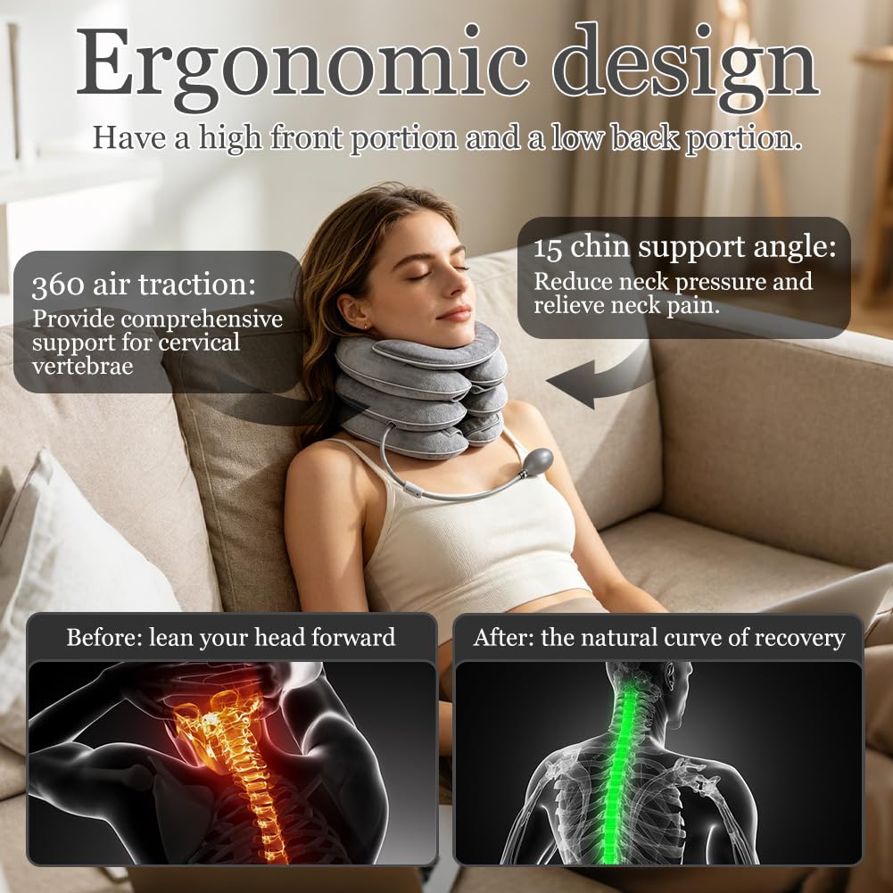 Gonfiabile per la trazione cervicale con design di allungamento a 3 strati e mentoniera, cuscino cervicale per alleviare il dolore, supporto per il collo, per la casa in viaggio (grigio chiaro)