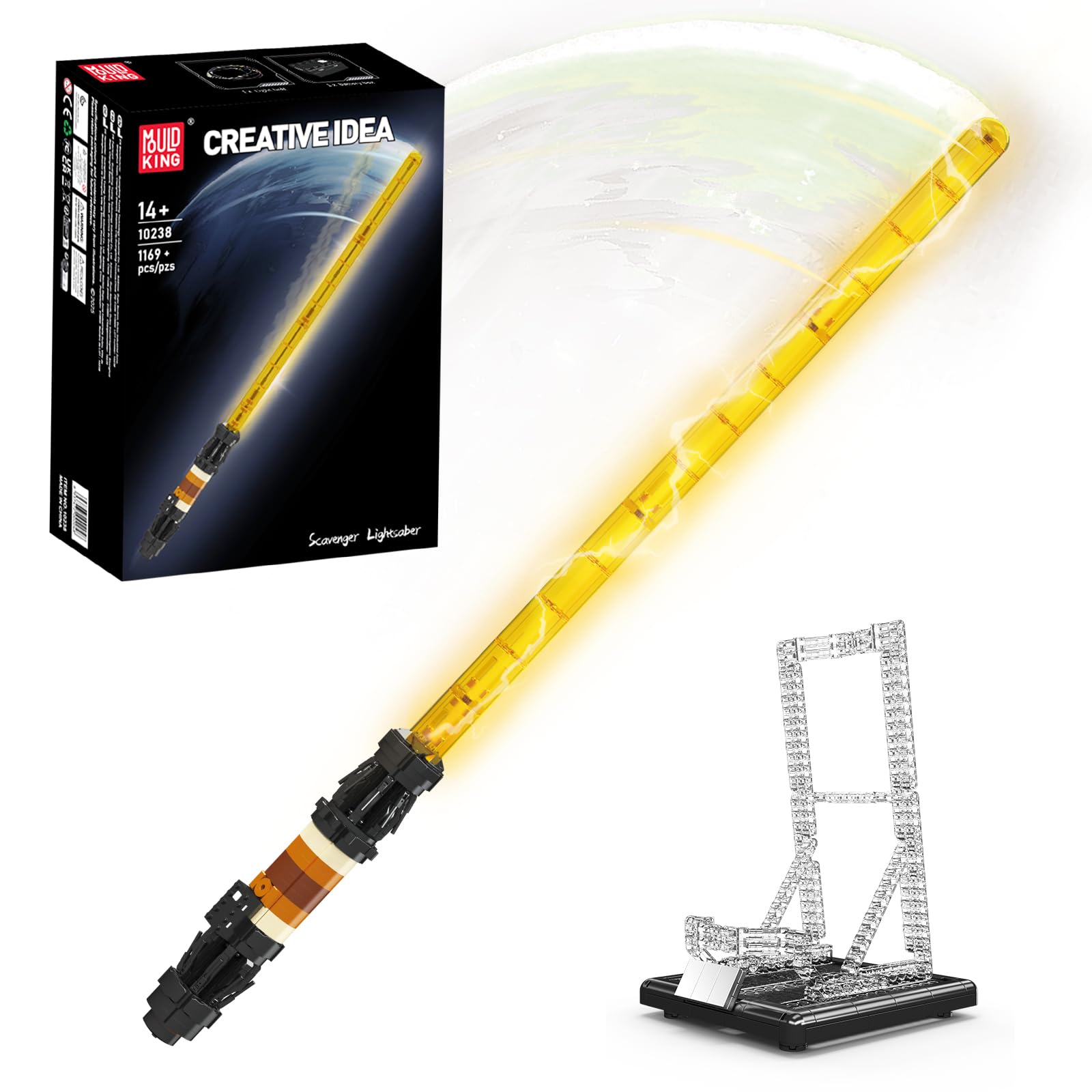 Mould King 10238 Lightsaber Building Set with Stand, Rechargeable LED Light Sword for Adult Birthday Thanksgiving Xmas Toys Gift Halloween Cosplay (