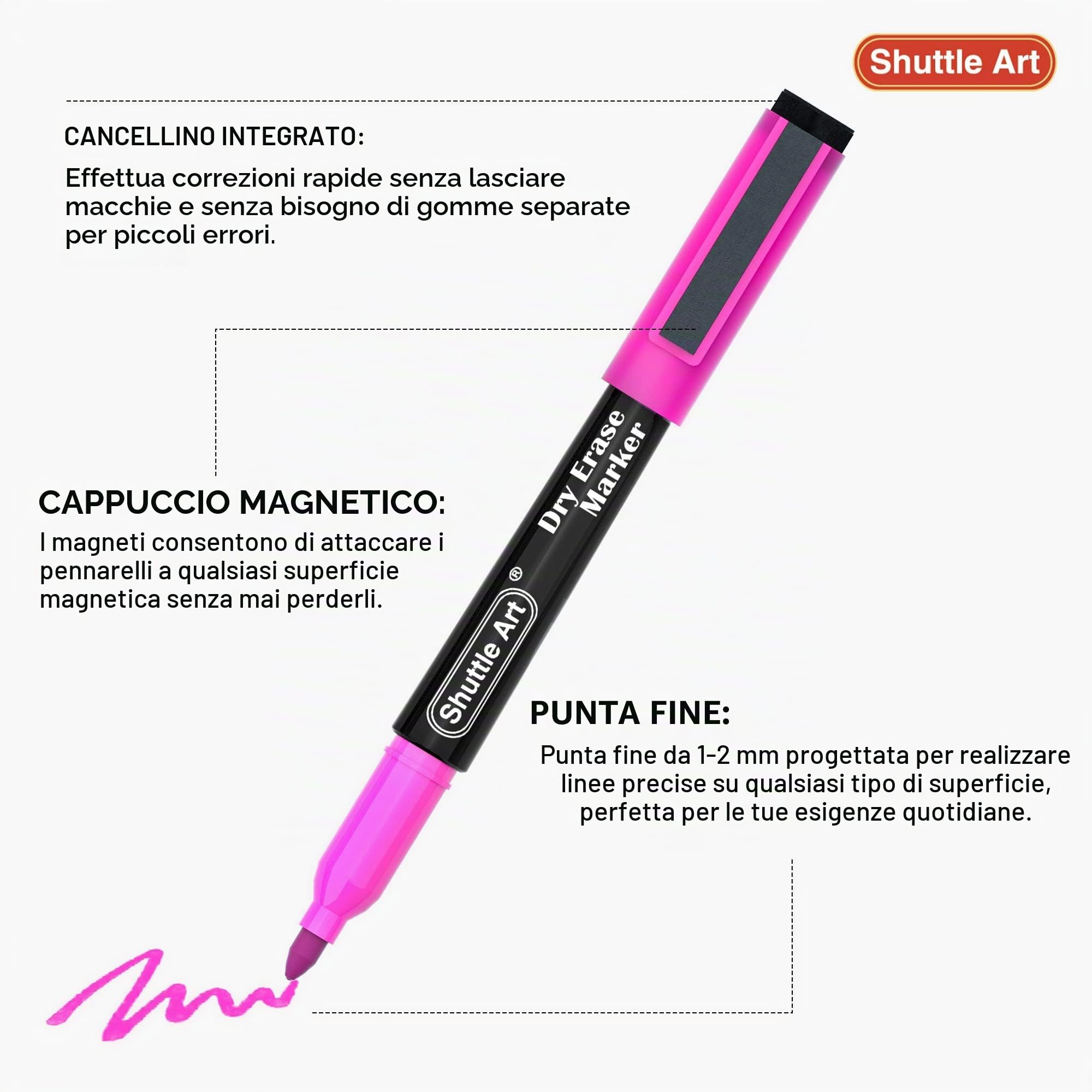 Shuttle Art Confezione da 32 Pennarelli Lavagna Bianca Cancellabile, 16 colori magnetici per lavagna bianca, pennarelli per cancellare a secco con gomma, ufficio, casa