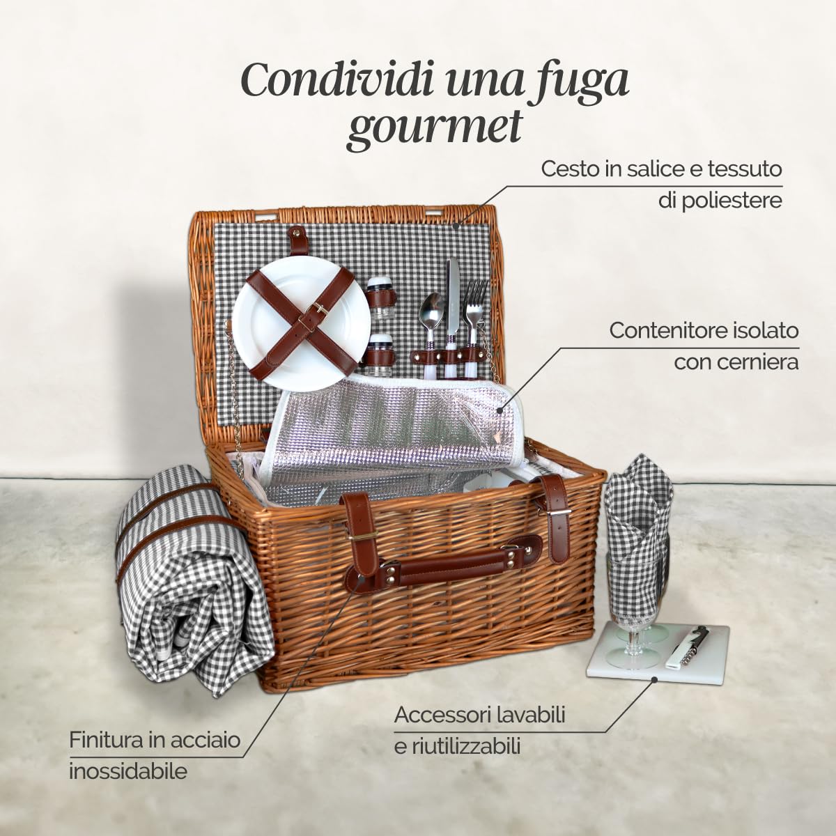 Linxor - Cestino da picnic isotermico con tovaglia e accessori - 2 persone