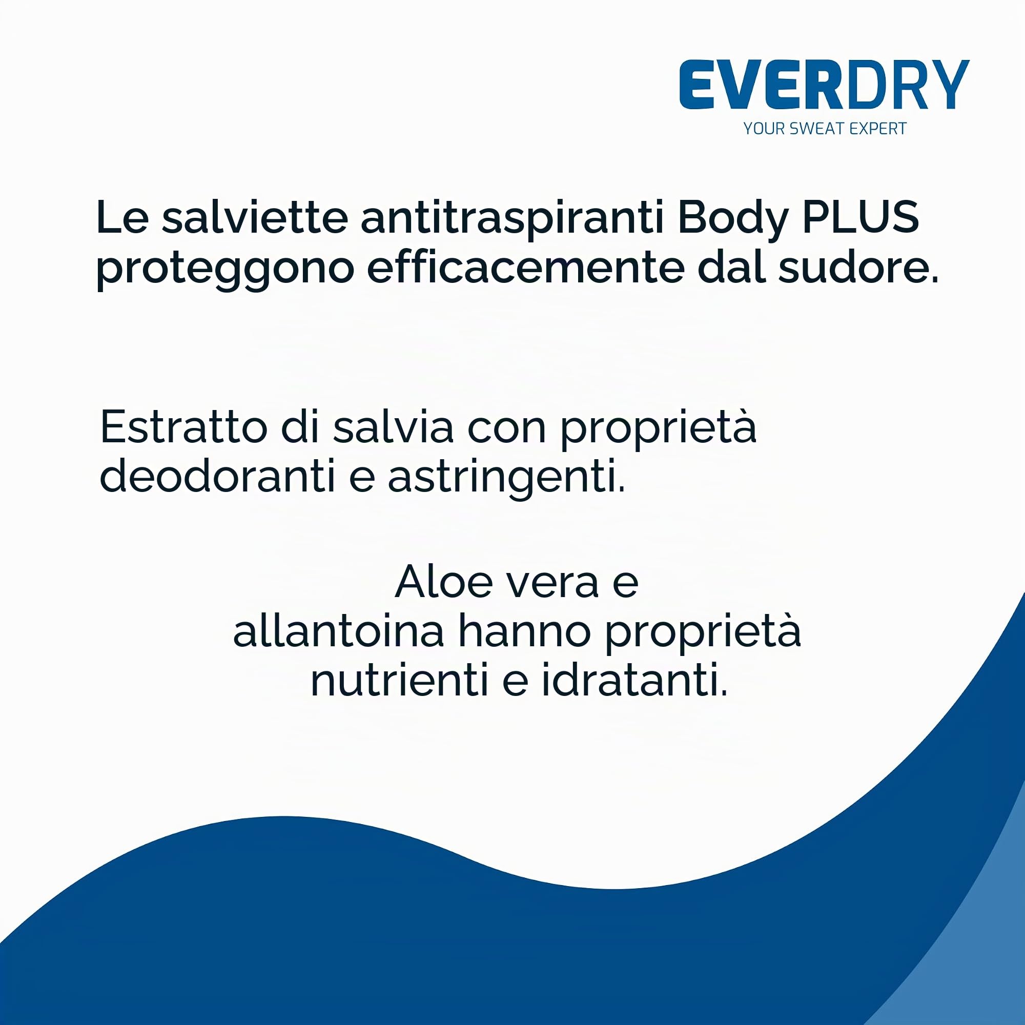 EVERDRY Antitraspirante Plus salviette per la cura contro la sudorazione di corpo, viso e piedi, 10 panni per corpo, viso e feet con aloe vera, salvia e allantoina