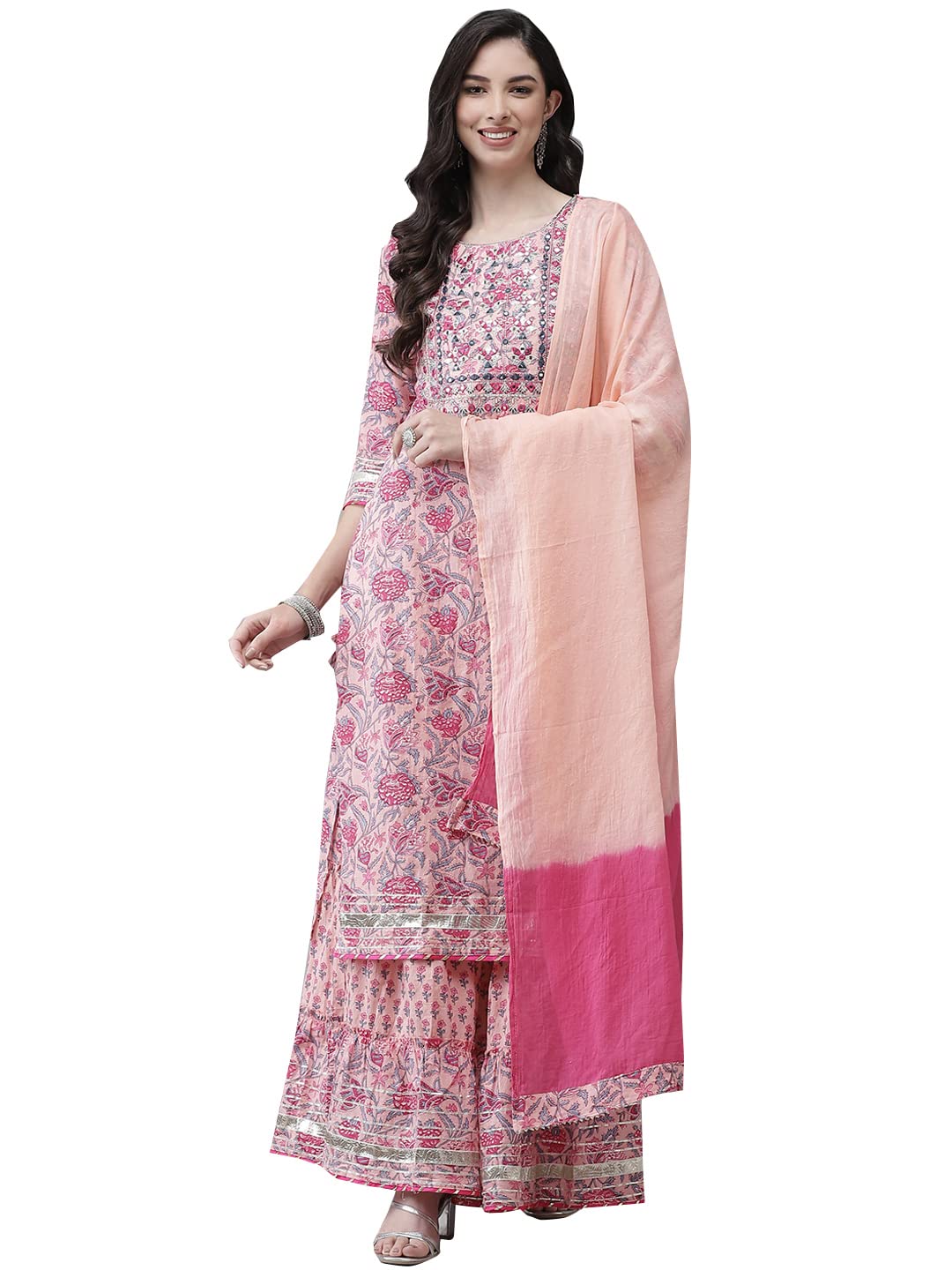 Women's Cotton Blend Pink Embroidered A-Line Kurta Sharara Dupatta Set-XL