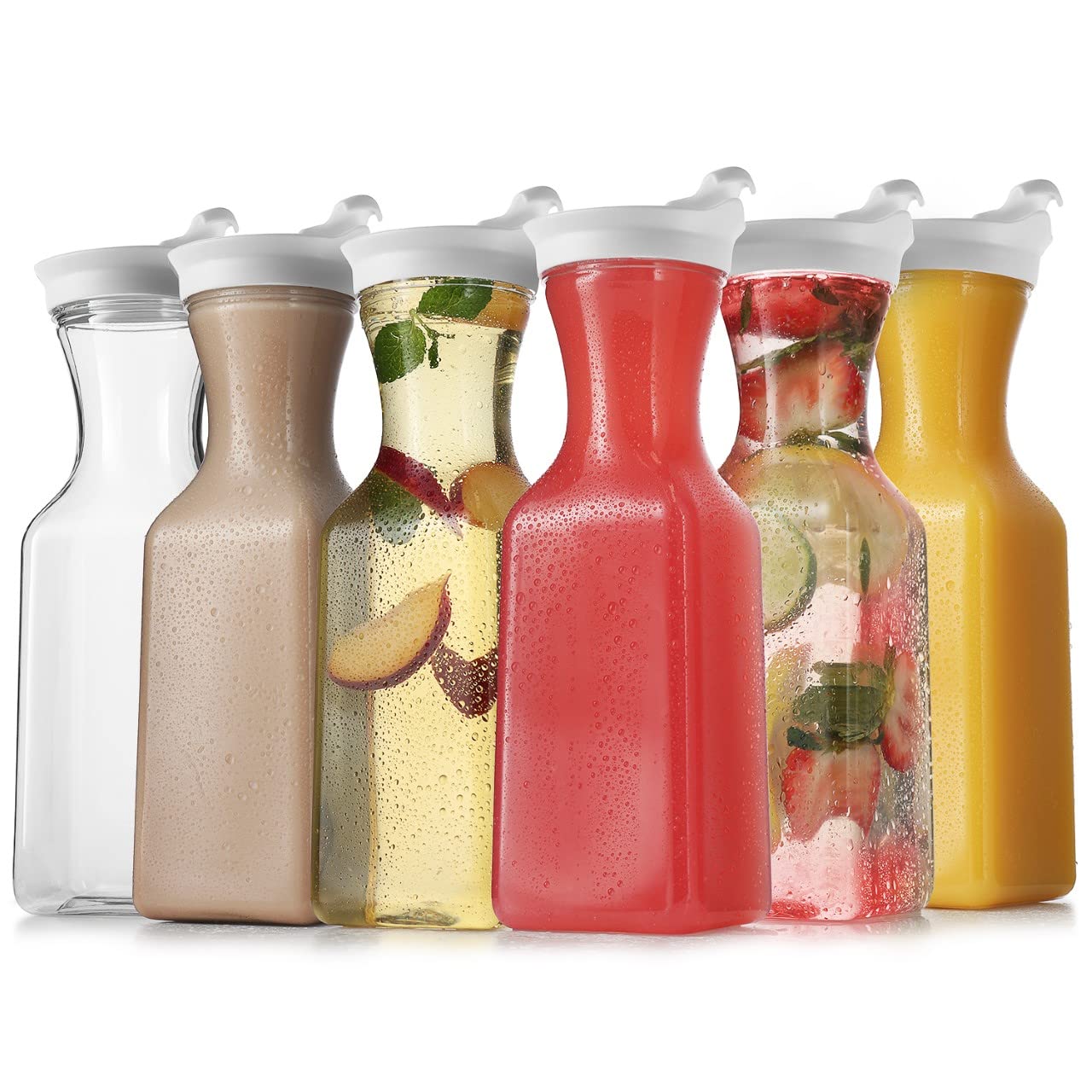 DilaBee Plastic Water Pitcher With Lid - 6 Pack - 32 Oz Carafe Pitchers for Drinks, Milk, Smoothie, Iced Tea Pitcher, Mimosa Bar Supplies - Juice Containers with Lids for Fridge - Food Grade BPA-Free