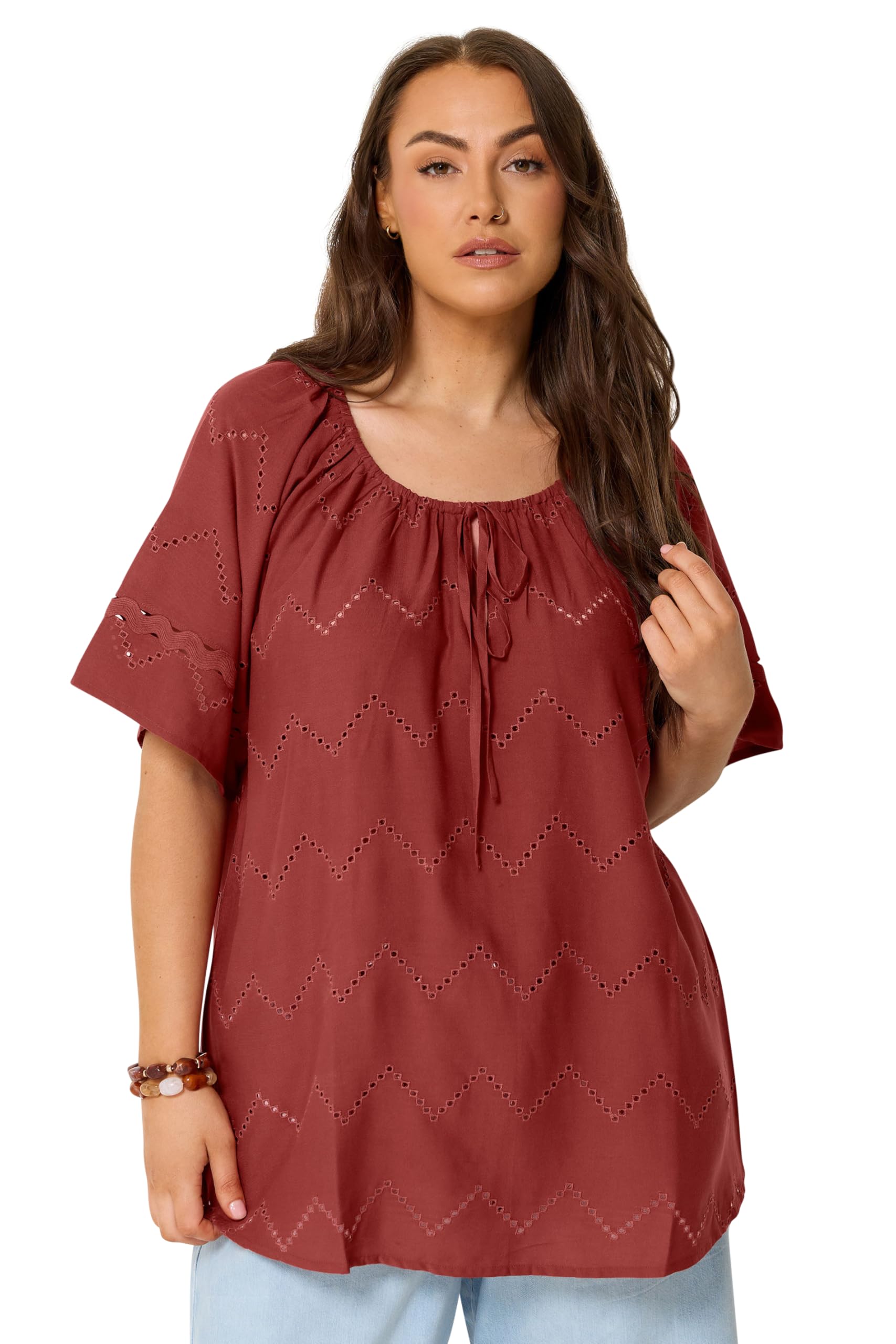 Yours Women's Burgundy Broderie Anglaise Scallop Blouse In | : 22/24