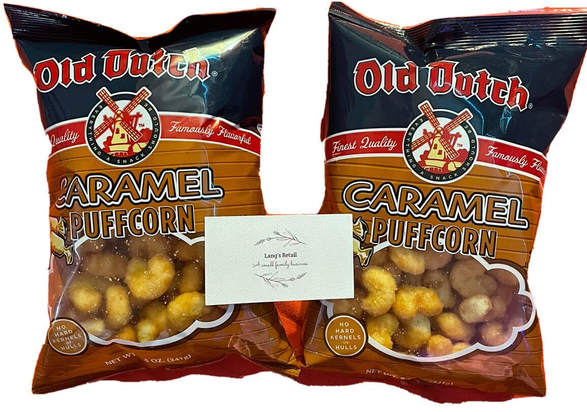 Old Dutch Caramel Puffcorn, Pack of 2, Bundled with LangsRetail SnackBox, Caramel Puffcorn, Sweet Carmely Crunch, Melts in Your Mouth, Caramel Snacks, Two 8.5oz bags, 1.06lbs
