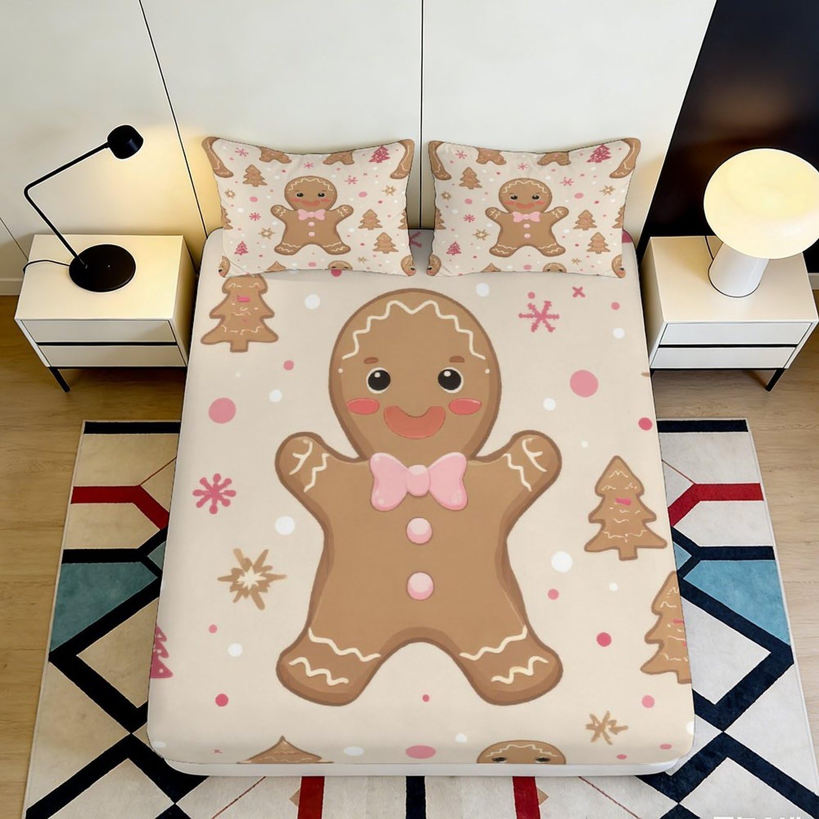 Uynsixtme Style-1 3D Printed Gingerbread Fitted Sheet Microfiber Non-Slip Deep Pocket Gingerbread Mattress Fitted Cover Washable For Bedroom 200X200x25cm