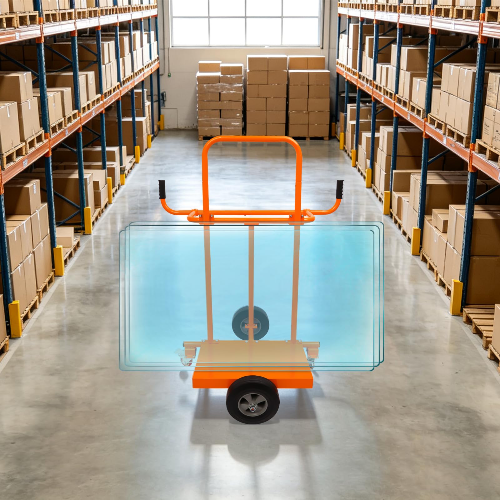 Plattenwagen bis 300kg Transportwagen mit 2 Gummirädern & 2 Stahlrollen mit Bremse kippschutz Plattentransportwagen Plattentransporter Plattenkarren aus Q235 Stahl für Gips Holz und Fenster (Orange)