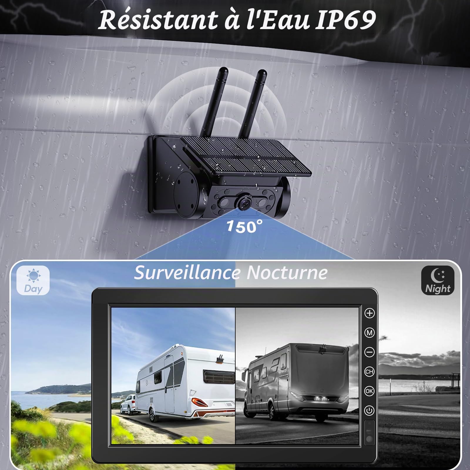 Solaire Caméra de Recul sans Fil avec 7" Moniteur 1080P, Magnétique à Batterie Rechargeable 10000 mAh, Prend en 4 Caméras, pour Camions, Camping Car, Caravane(VS-7B)