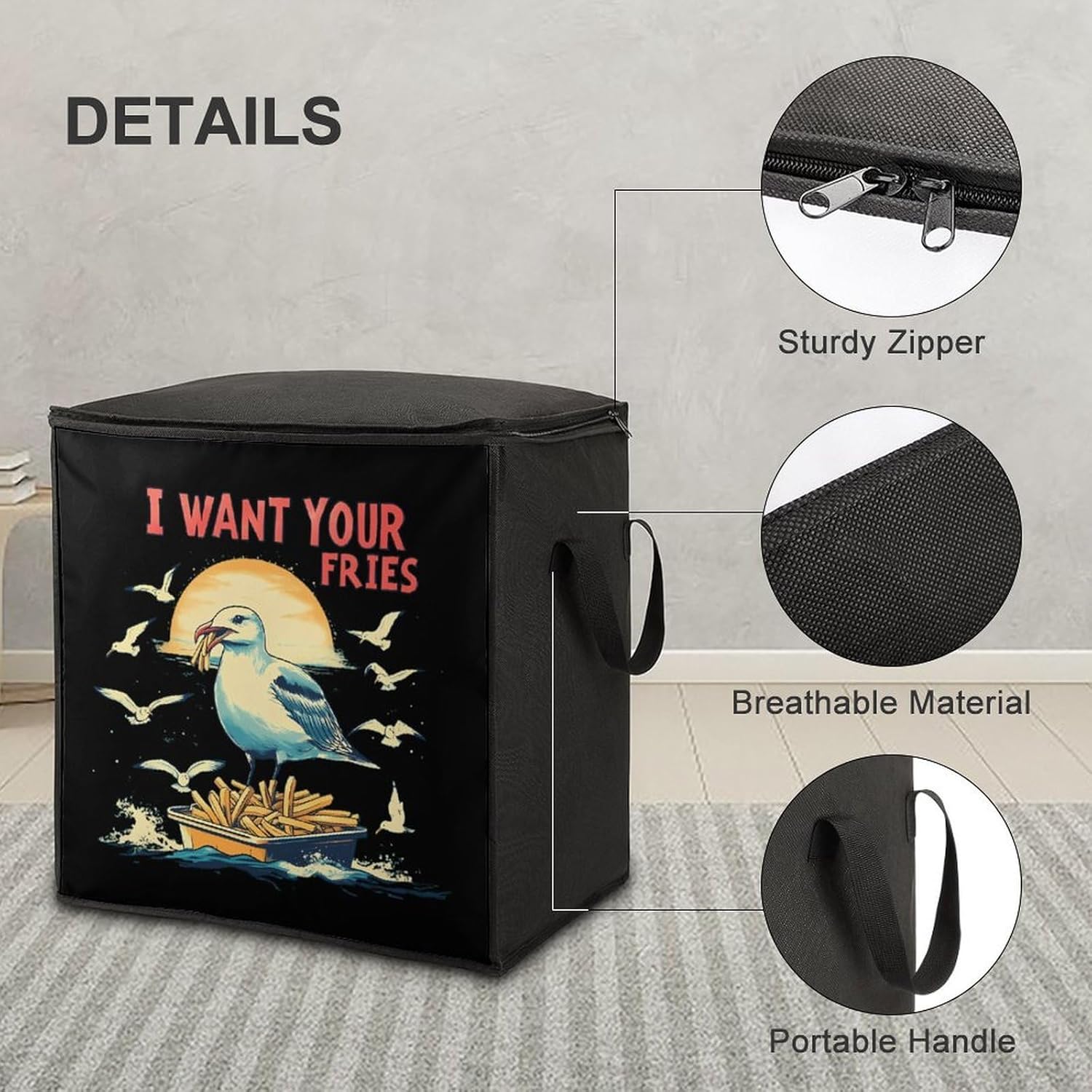 Seagulls I Want Your Fries Large Comforter Blanket Storage Bags Bins 70L Closet Organizer with Handles