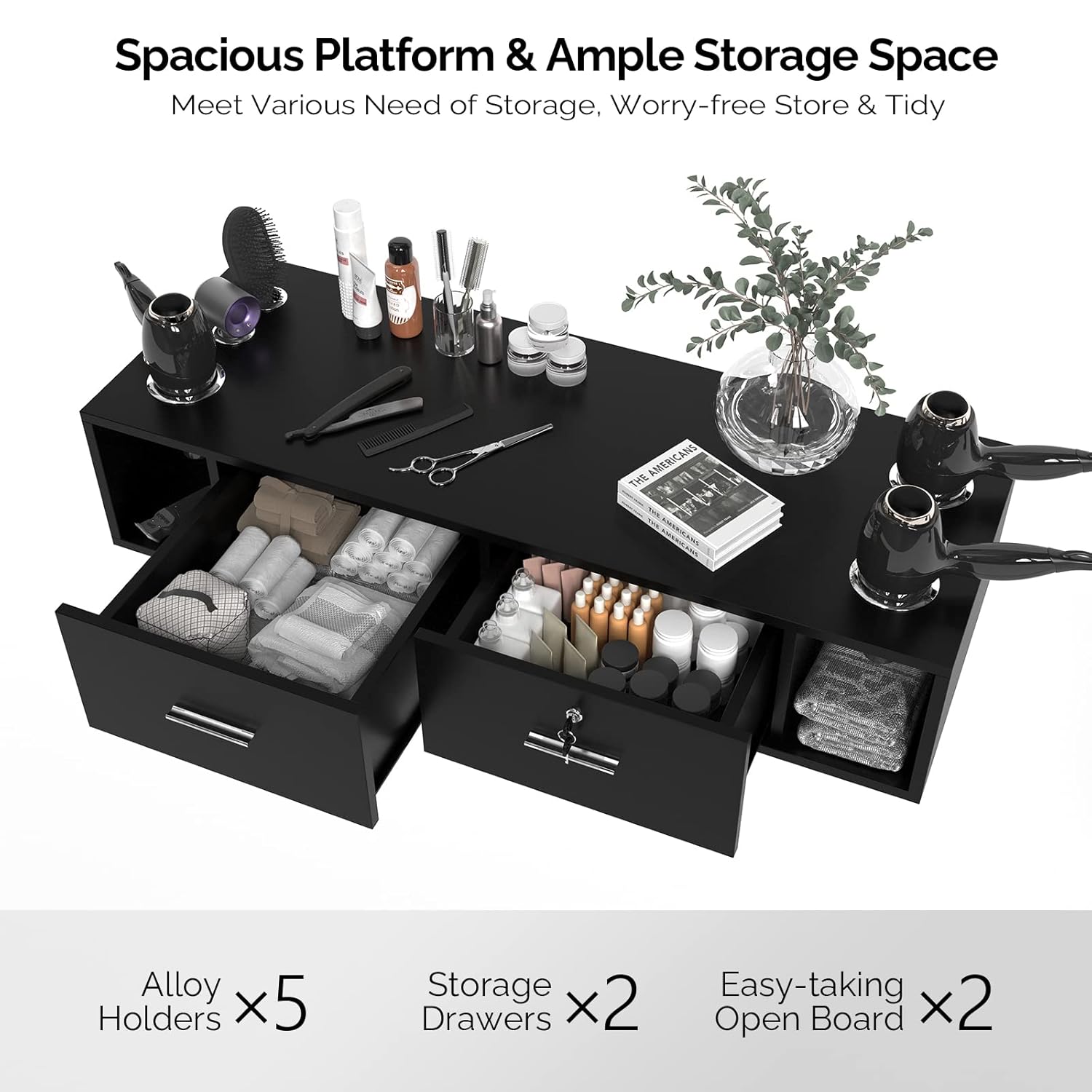 OmySalon Wall Mount Styling Station for Hair Stylist,Beauty Barber Spa Equipment,Salon Cabinet Station with Locking Drawers,Bathroom Dresser with 5 Hair Dryer Holders, Black