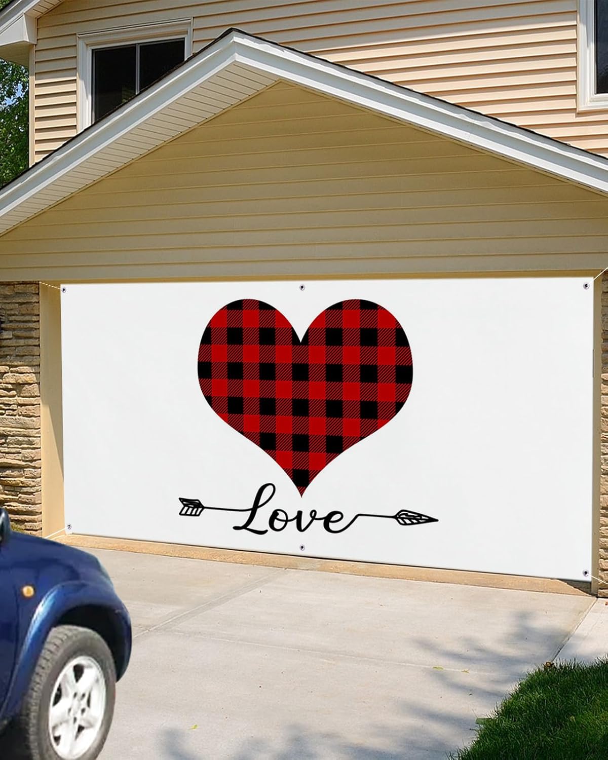 Garage Door Banner Decoration 7x16 Ft, Valentine's Day Red Plaid Heart Love Arrow Garage Door Cover Hanging Cloth Holiday Backdrop for Indoor Outdoor Wall Door House Background Decor