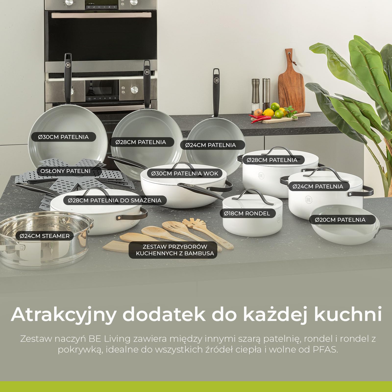 BE Living Essential 5-częściowy zestaw patelni, patelnia do smażenia, patelnia do smażenia, patelnia do sosa, przykrywka, ceramika, bez PFAS, indukcja, biały