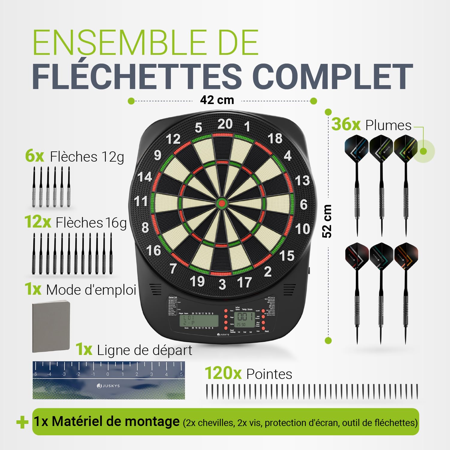 Juskys Cible électronique – Dartboard avec 32 Jeux & 359 Variantes, USB-C, Jusqu’à 8 Joueurs