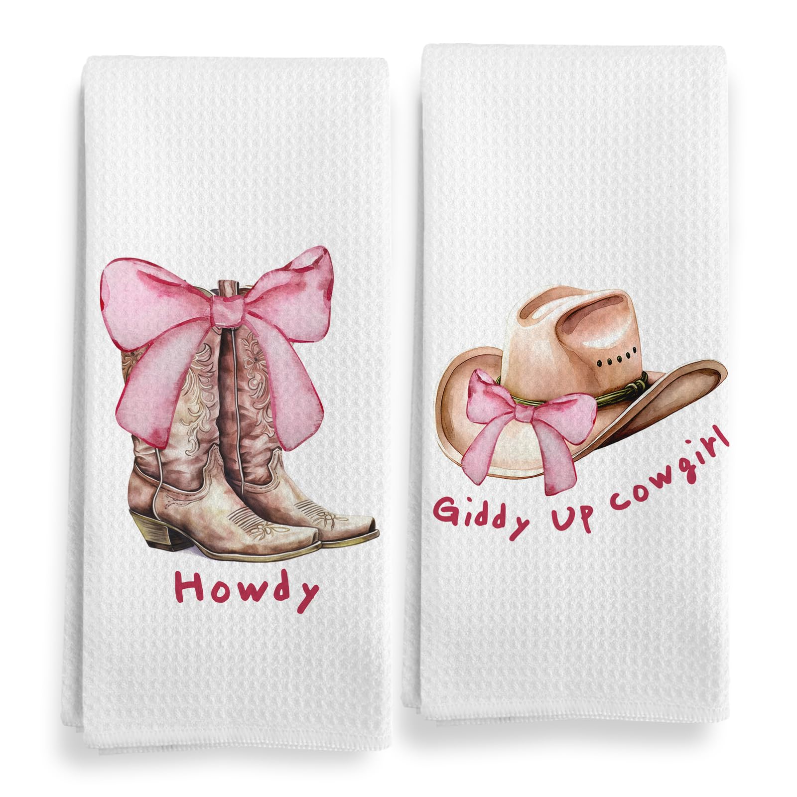 Qeheb Western Howdy Yeehaw Kitchen Towels, Boots Hat Pink Bow Kitchen Towels Decorative Set, Teen Girls Gifts, Preppy Pink Bow Cowgirls Hand Dish Tea