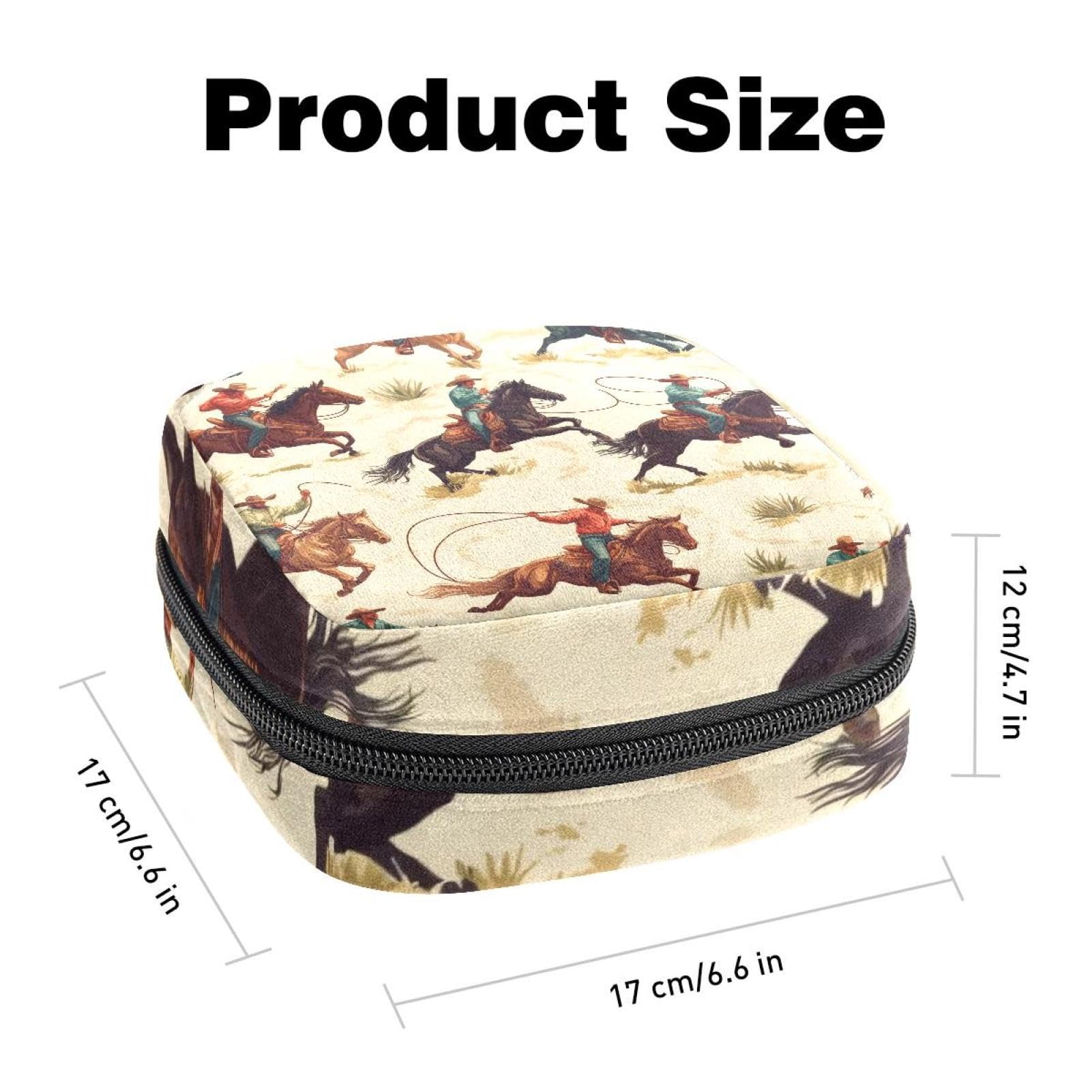 Sanitary Napkin Storage Bag for Women Cute, Feminine Menstruation Pad Holder for Period, Portable Zipper Menstrual Pad Bags Wild Western Vintage Cowboys Desert Horses