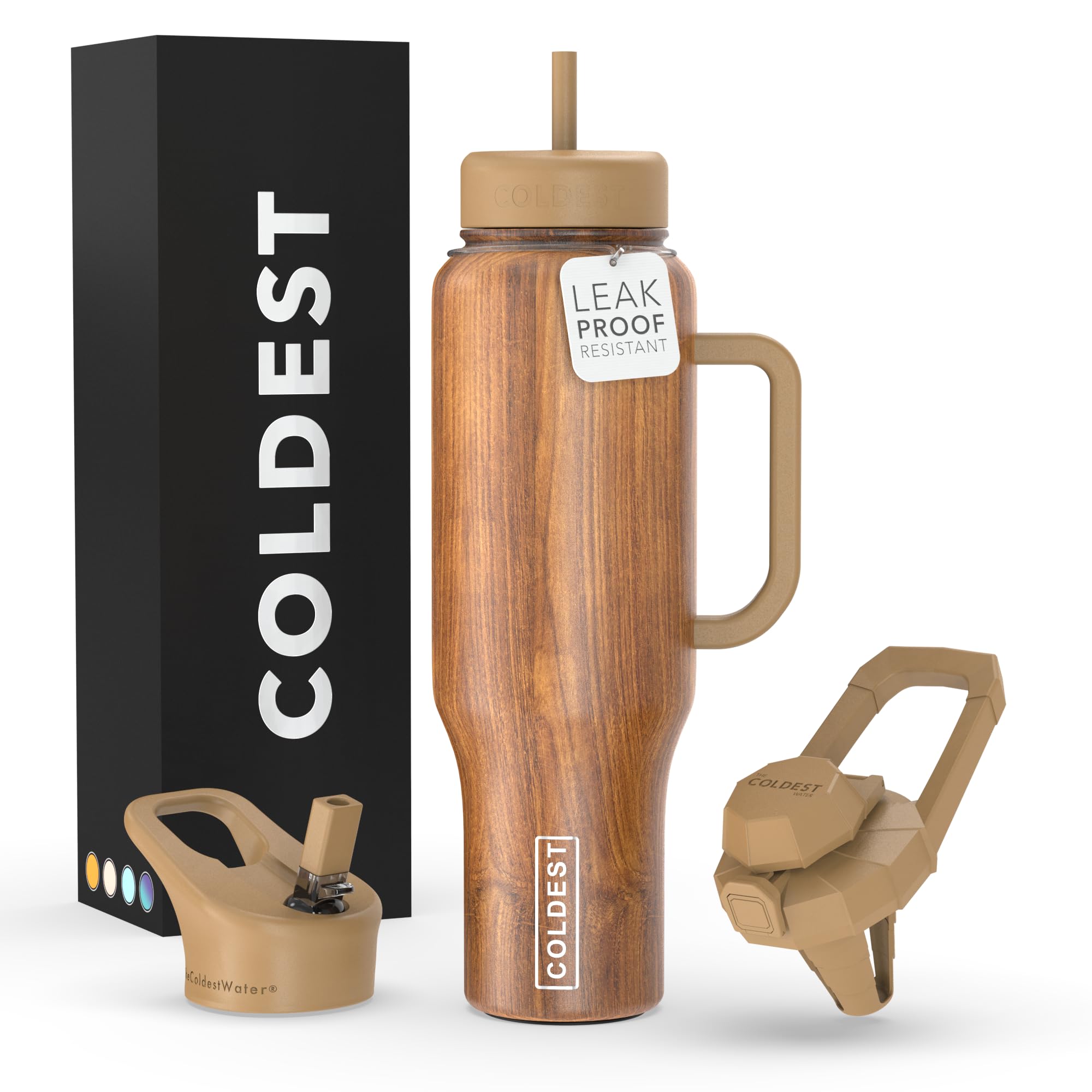 Coldest Tumbler with Handle and Straw Lid | 3 Lids Insulated Reusable Stainless Steel Water Bottle Travel Mug | Gifts for Women Him Her | Limitless Collection (46 oz, Executive Wood)